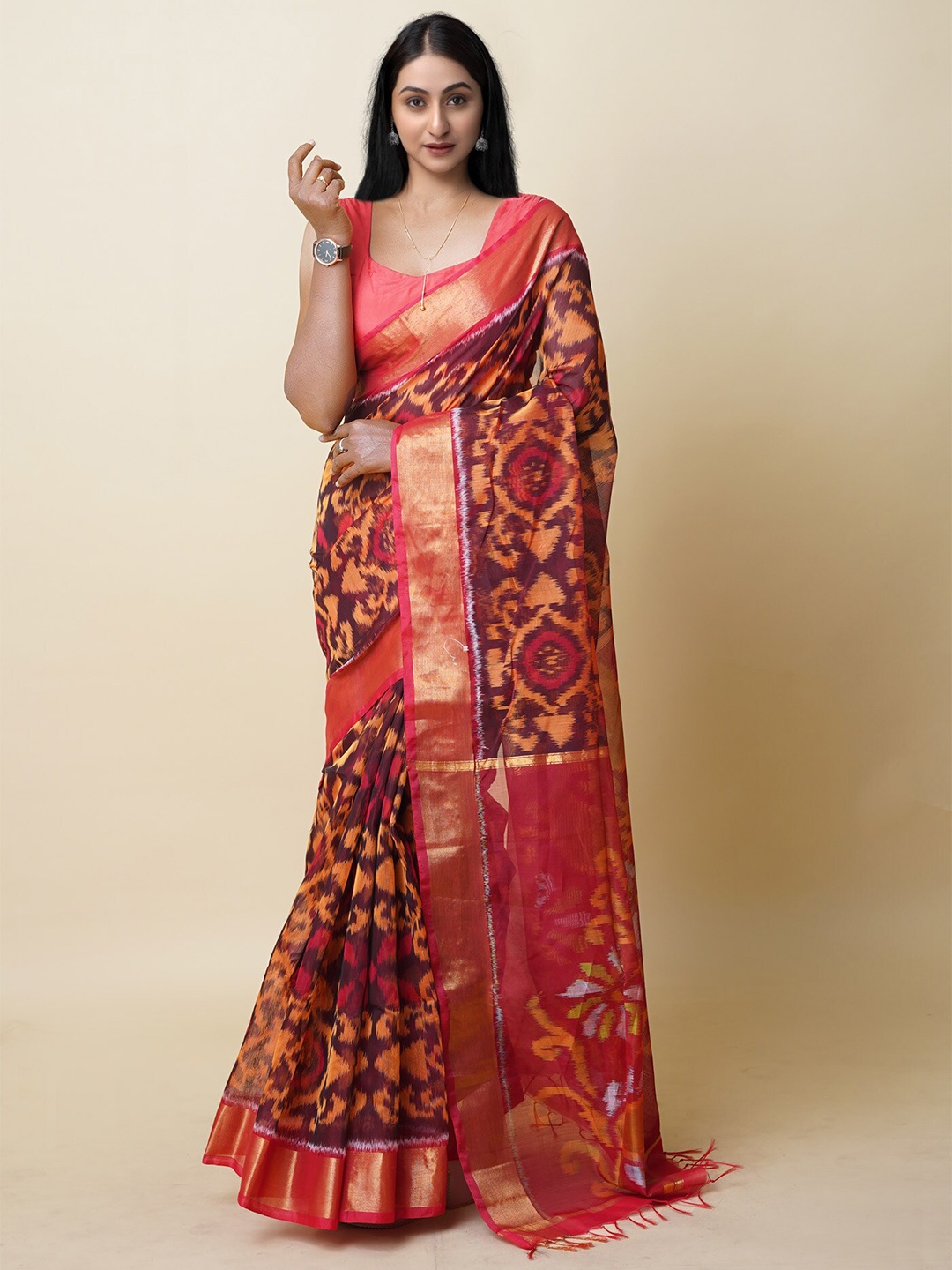 

Unnati Silks Ethnic Motifs Woven Design Zari Silk Cotton Pochampally Saree, Brown