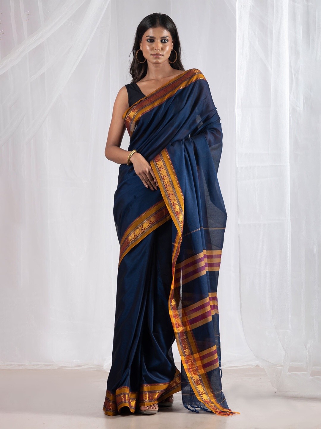 

Unnati Silks Striped Woven Design Zari Pure Cotton Narayan Peth Saree, Navy blue