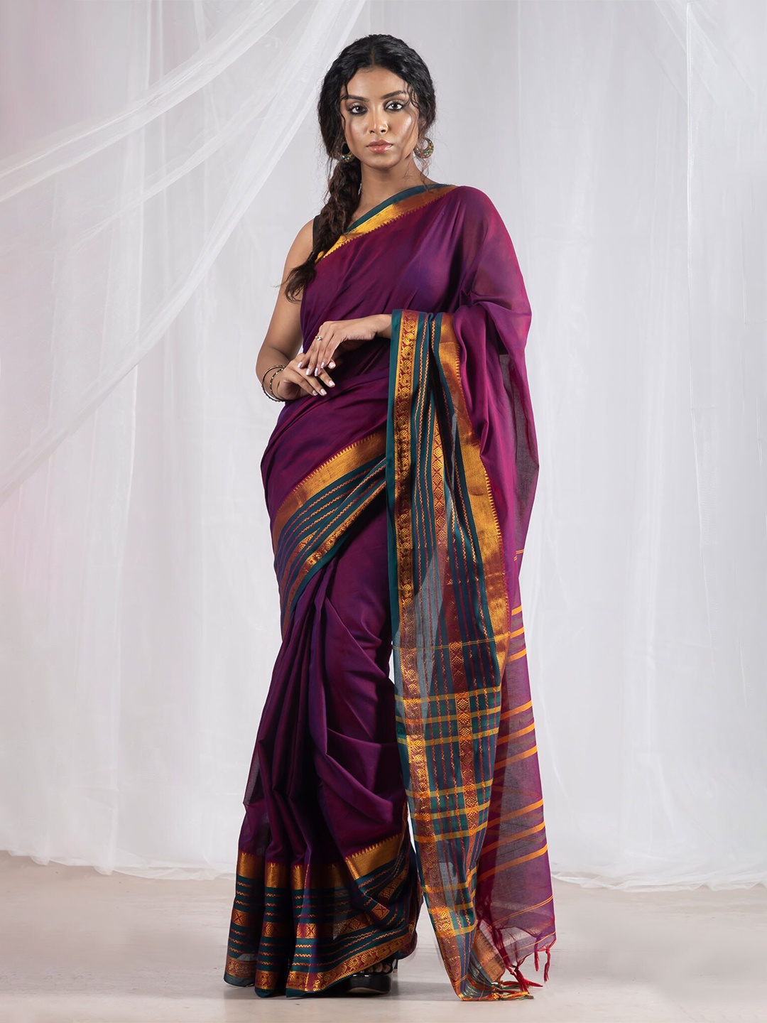 

Unnati Silks Striped Woven Design Zari Pure Cotton Narayan Peth Saree, Purple