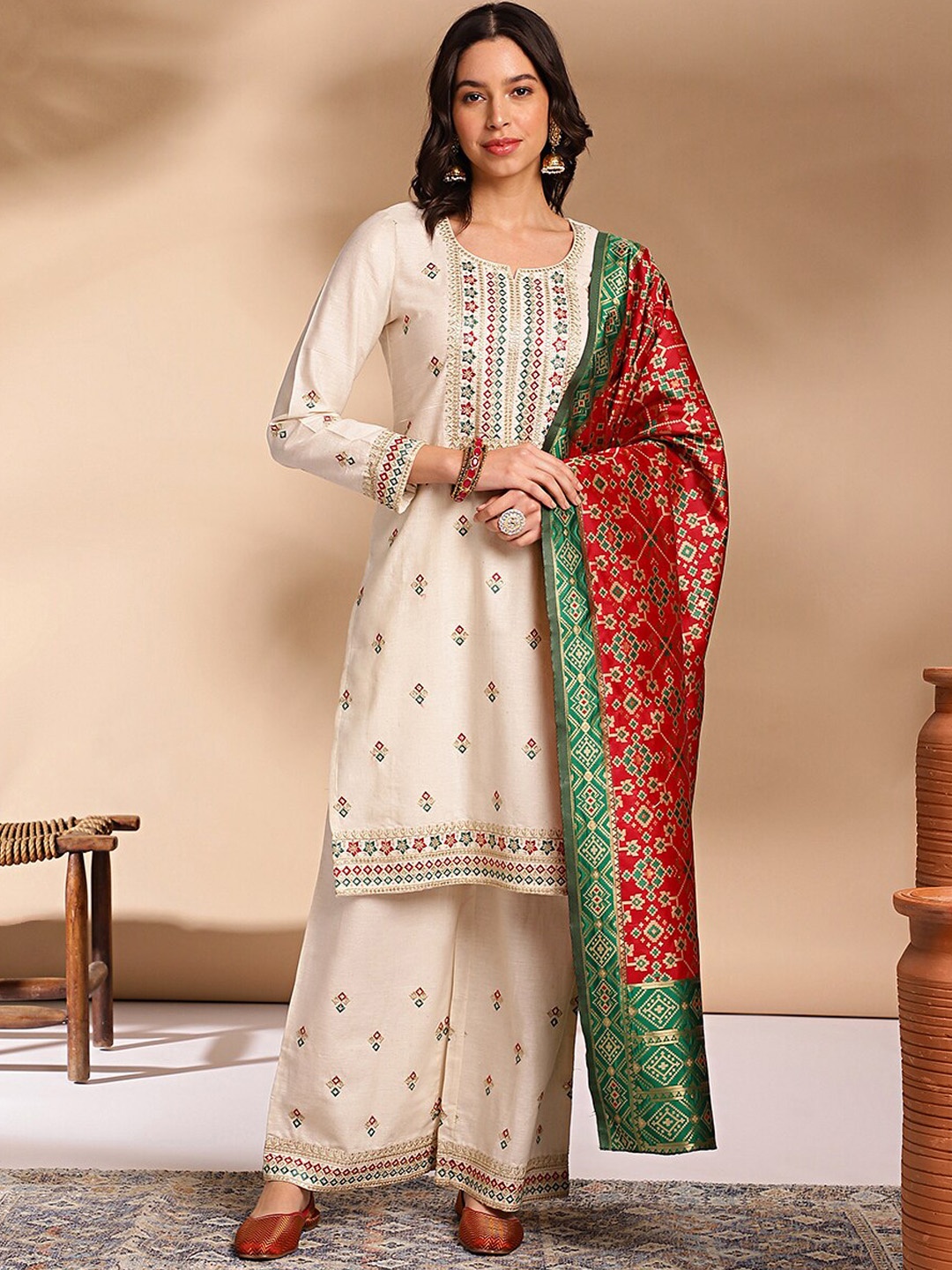 

Anouk Cream Ethnic Motifs Embroidered Cotton Straight Kurta With Palazzos & Dupatta
