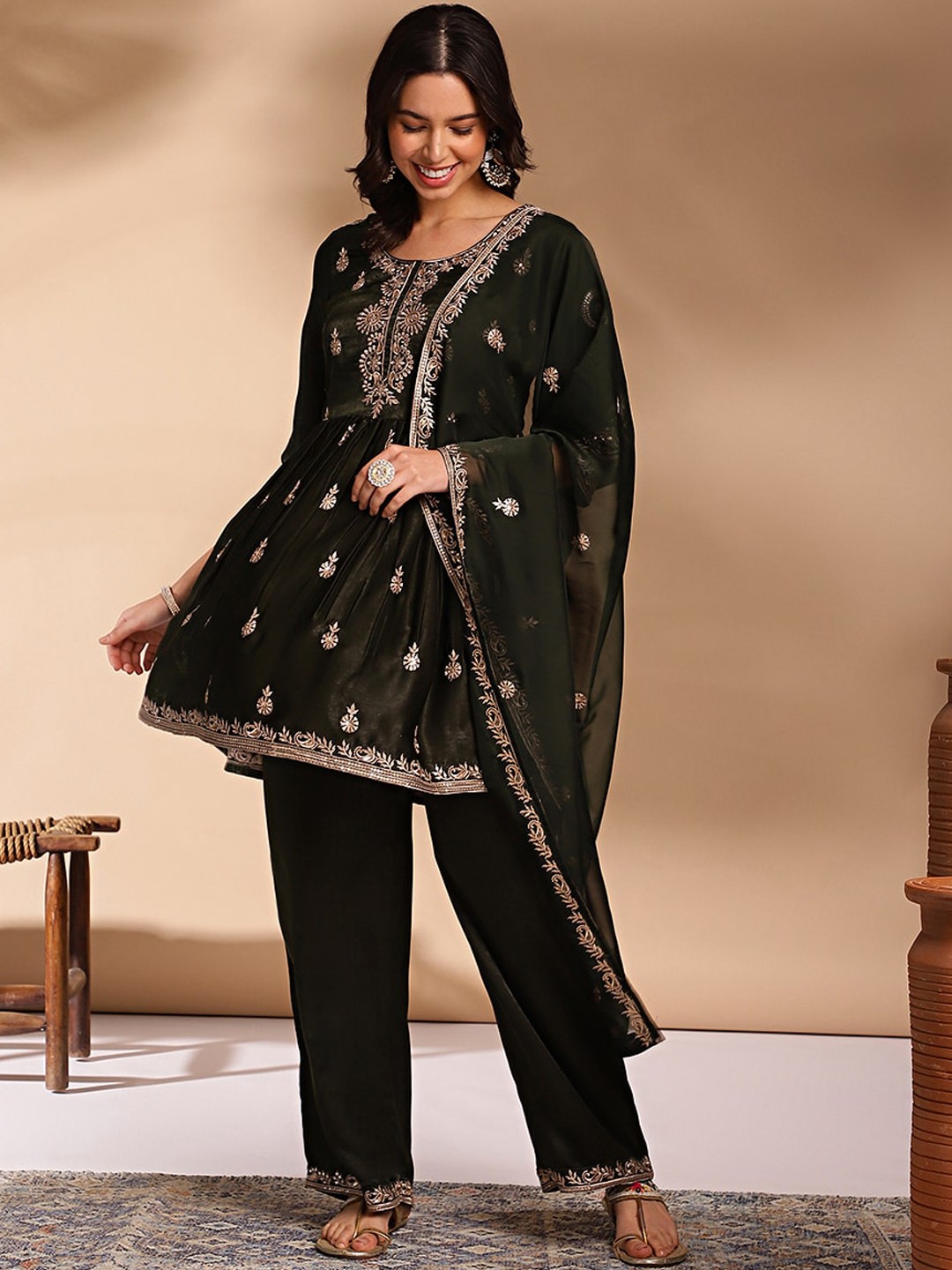 

Anouk Green Ethnic Motifs Embroidered Pleated Anarkali Kurta With Palazzos & Dupatta
