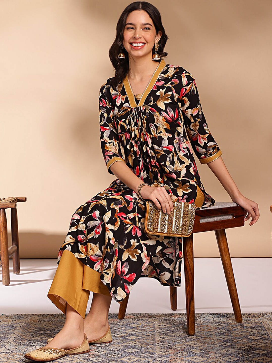 

Anouk Black Floral Printed Pleated Kurta With Palazzos