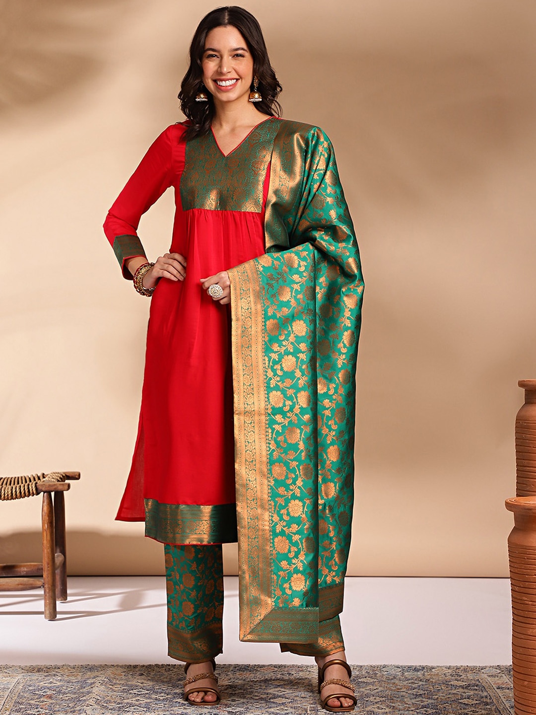 

Anouk Floral Zari Printed Woven Design Kurta With Trousers & Dupatta, Red