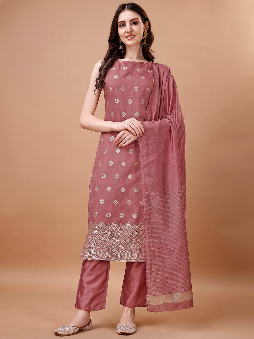 

Hinayat Fashion Floral Woven Design Pure Silk Kurta With Trouser & Dupatta, Rose