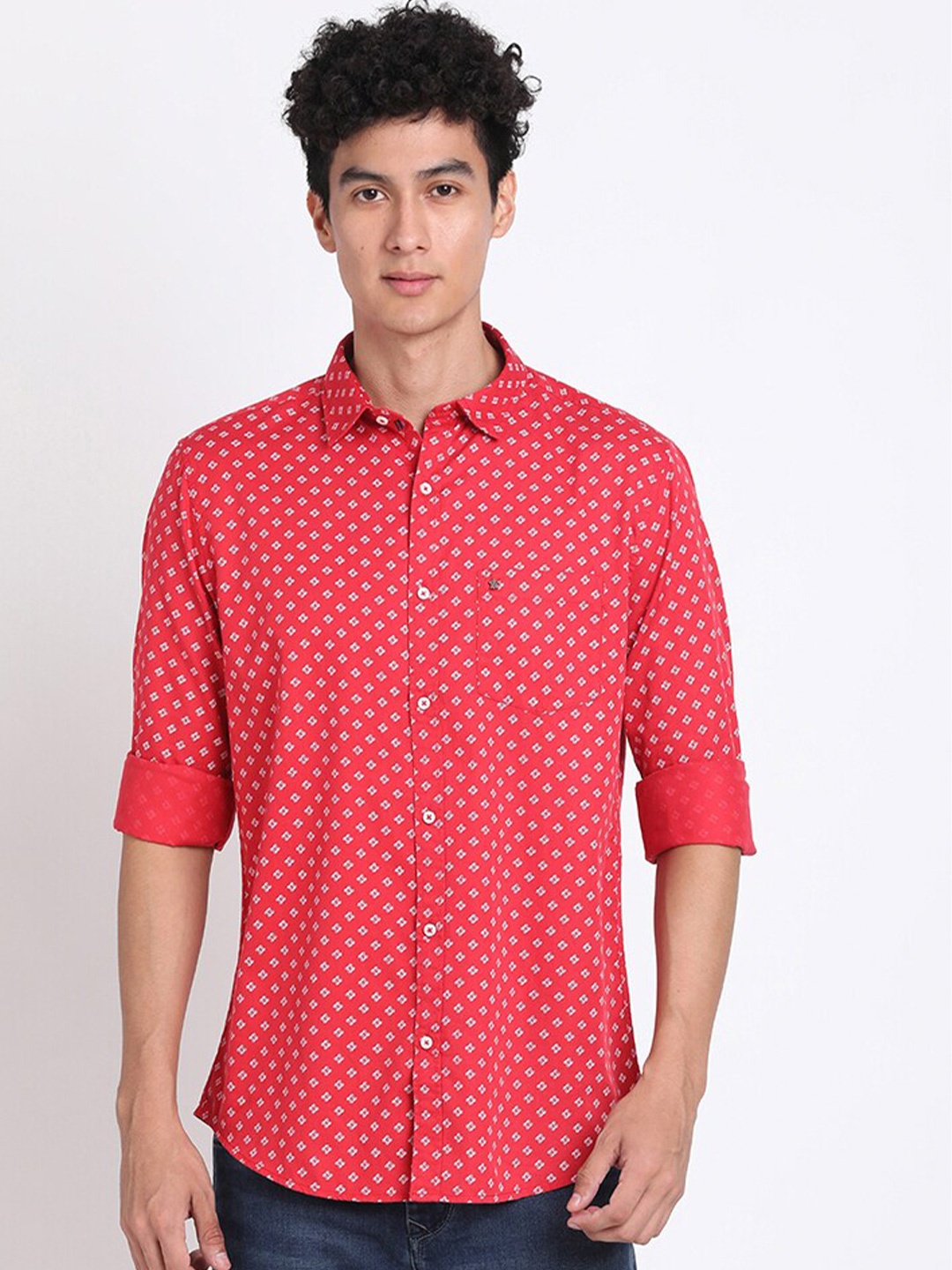 

Turtle Classic Slim Fit Geometric Printed Pure Cotton Casual Shirt, Red
