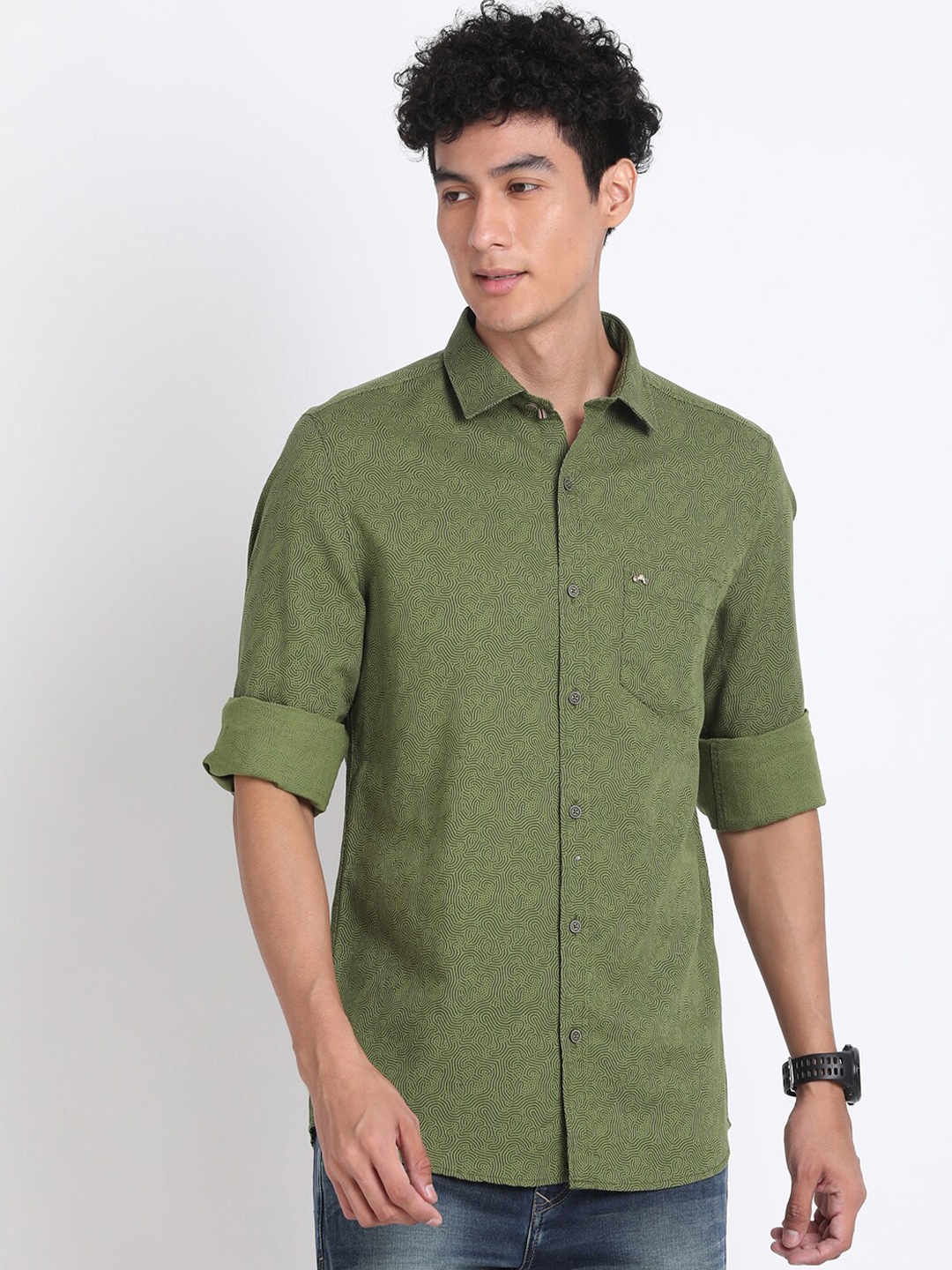 

Turtle Classic Cotton Slim Fit Opaque Printed Casual Shirt, Olive