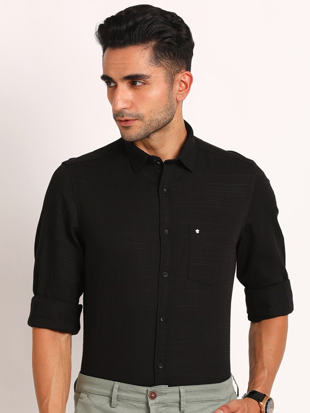 

Turtle Self Design Spread Collar Classic Slim Fit Casual Shirt, Black