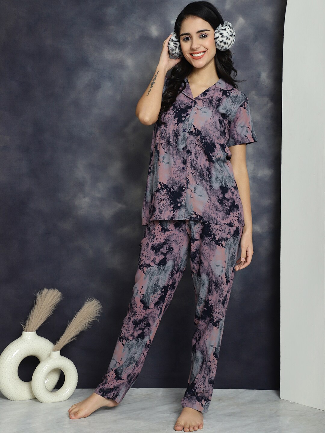 

Boston Club Abstract Printed Lapel Collar Night Suit, Pink