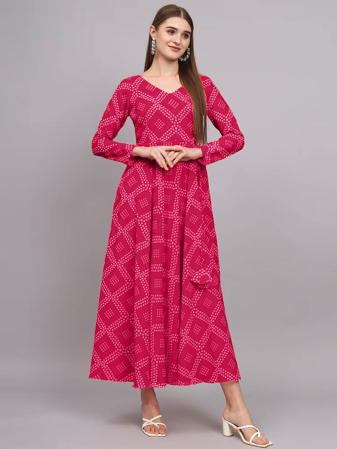

Crally Bandhini Printed Georgette Maxi Dress, Pink