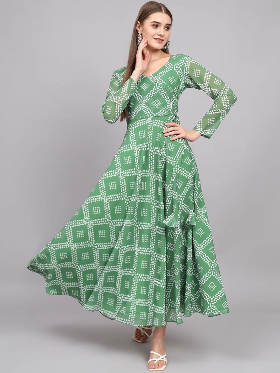 

Crally Bandhini Printed Georgette Maxi Dress, Olive