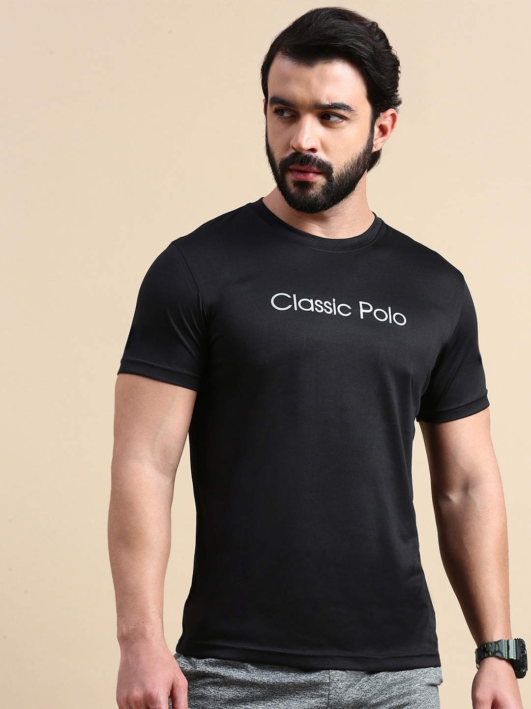 

Classic Polo Typography Printed Round Neck Raglan Sleeves Antimicrobial Slim Fit T-shirt, Black