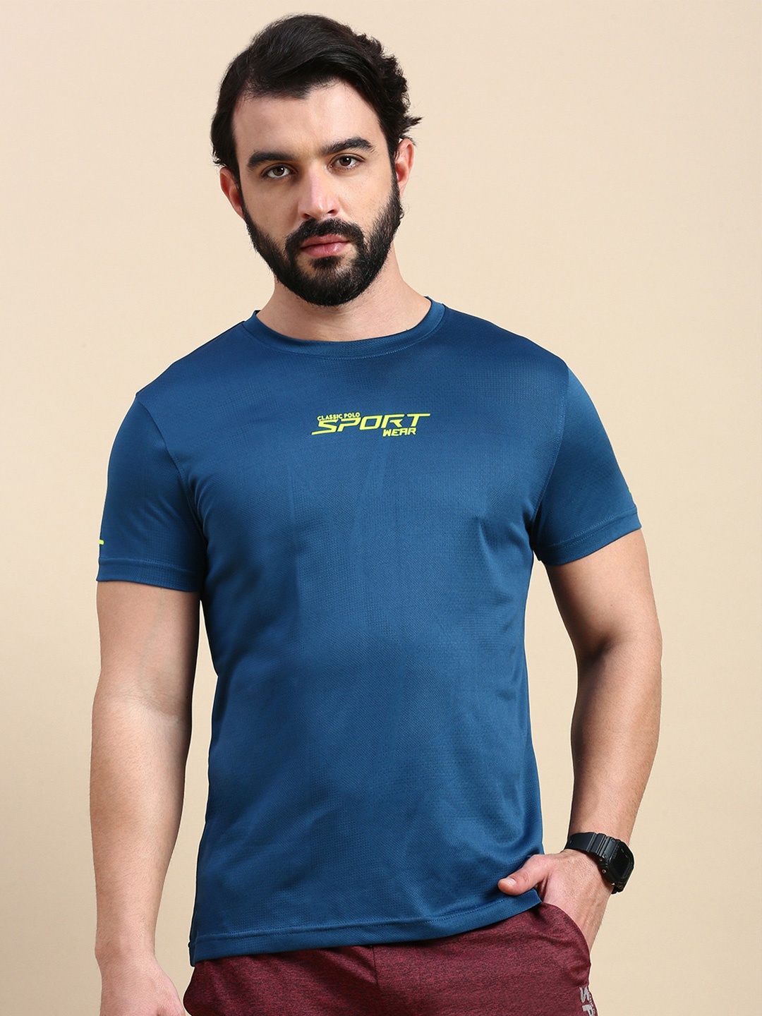 

Classic Polo Typography Printed Round Neck Short Sleeves Antimicrobial Slim Fit T-shirt, Navy blue