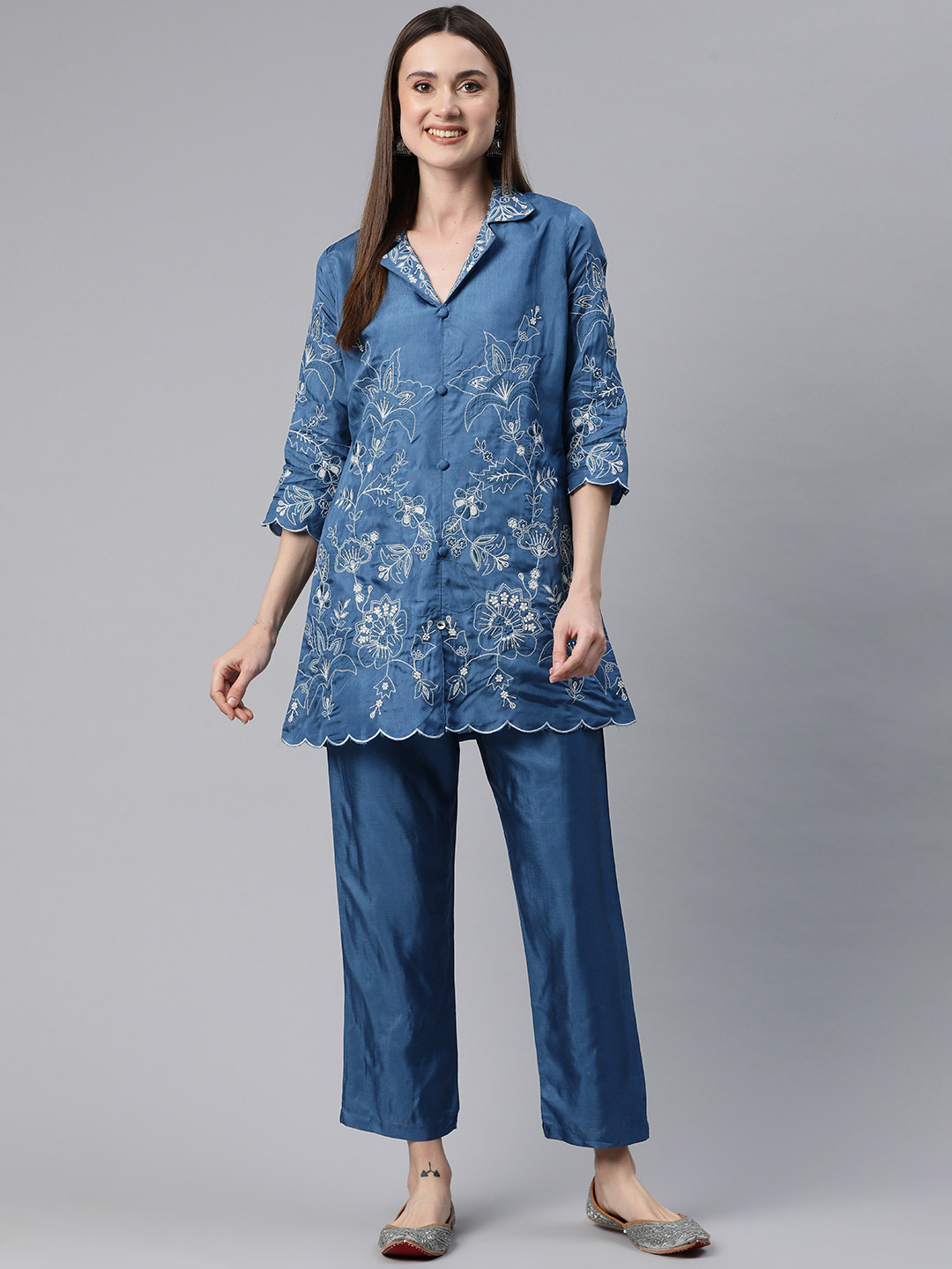 

Readiprint Fashions Women Shirt style Embroidered Tunic with Palazzos, Blue