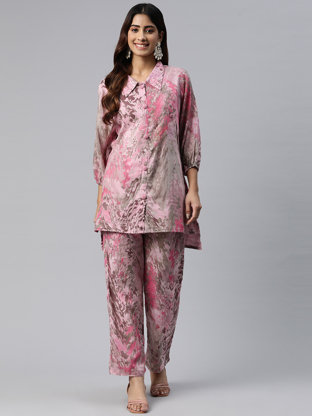 

Readiprint Fashions Abstract Print Beads & Stones Pure Cotton Tunic with Palazzos, Pink