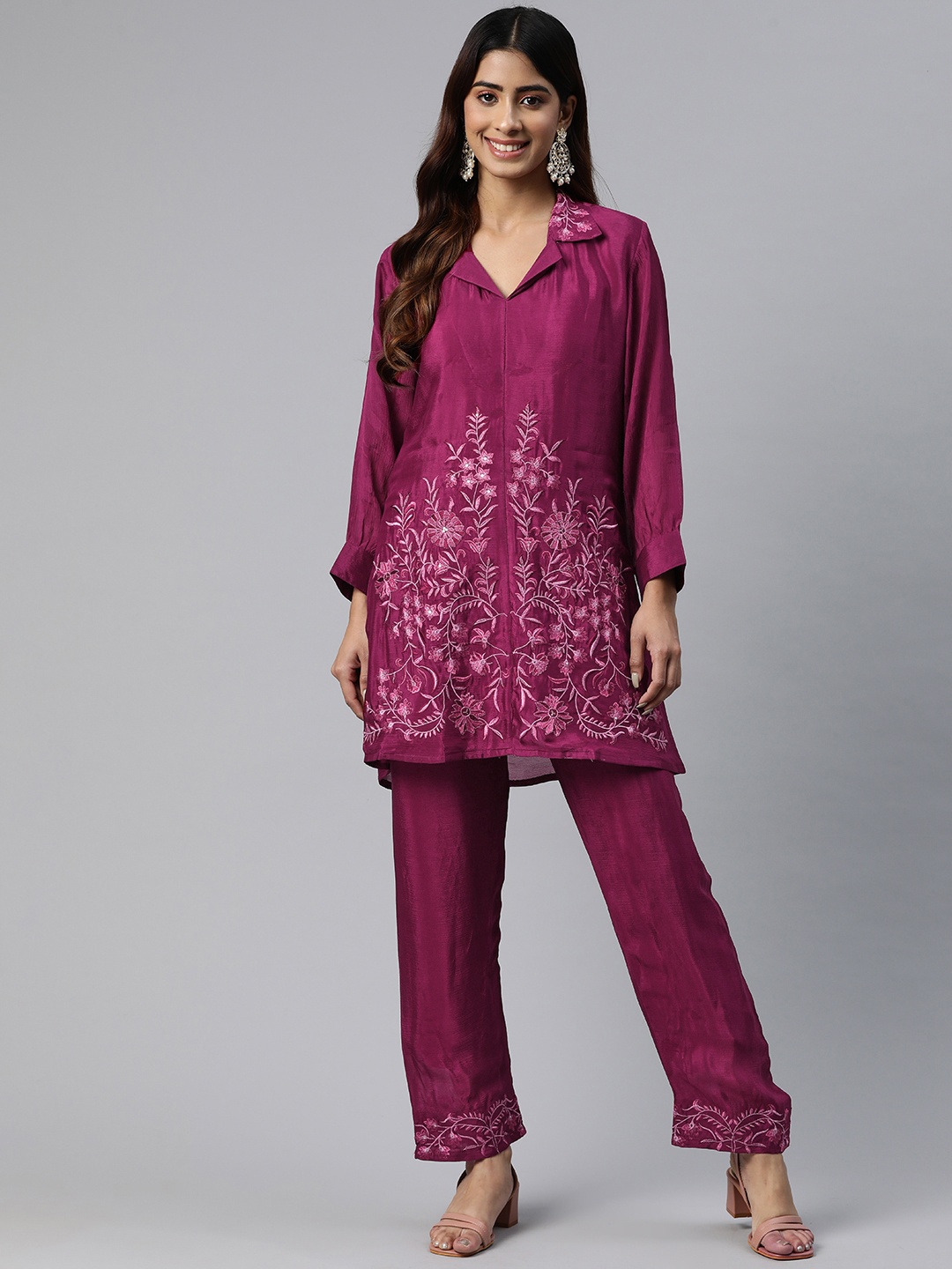 

Readiprint Fashions Embroidered Pure Silk Tunic with Trousers, Magenta