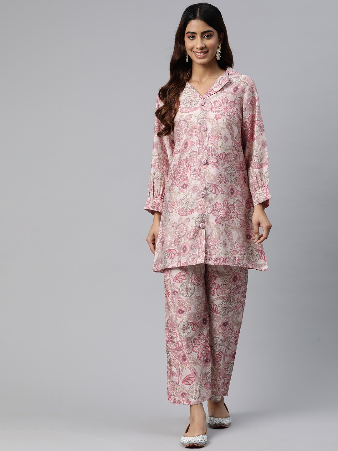 

Readiprint Fashions Floral Print Beads & Stones Pure Silk Tunic with Palazzos, Pink