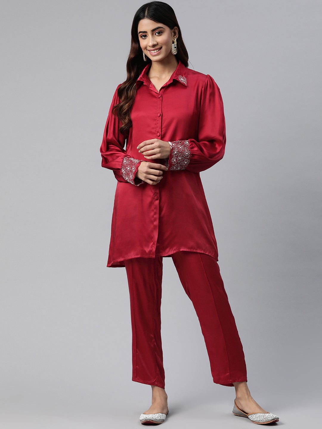 

Readiprint Fashions Floral Beads & Stones Pure Silk Tunic with Trousers, Maroon