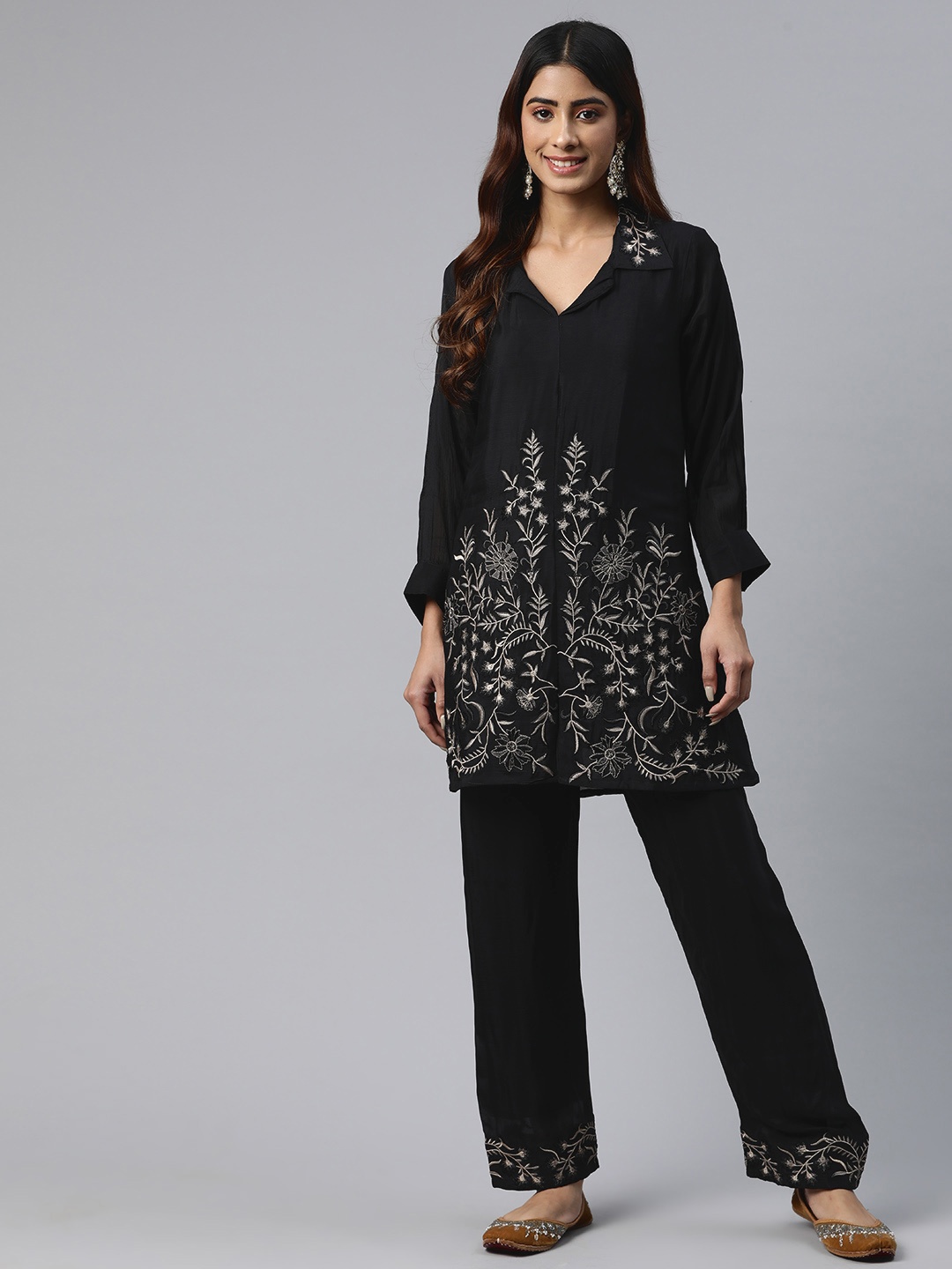 

Readiprint Fashions Embroidered Pure Silk Tunic with Trousers, Black
