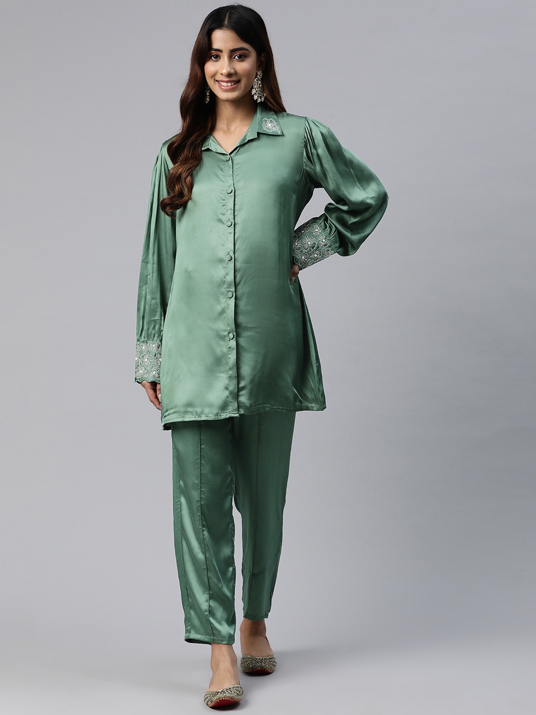 

Readiprint Fashions Beads & Stones Pure Silk Tunic with Trousers, Green
