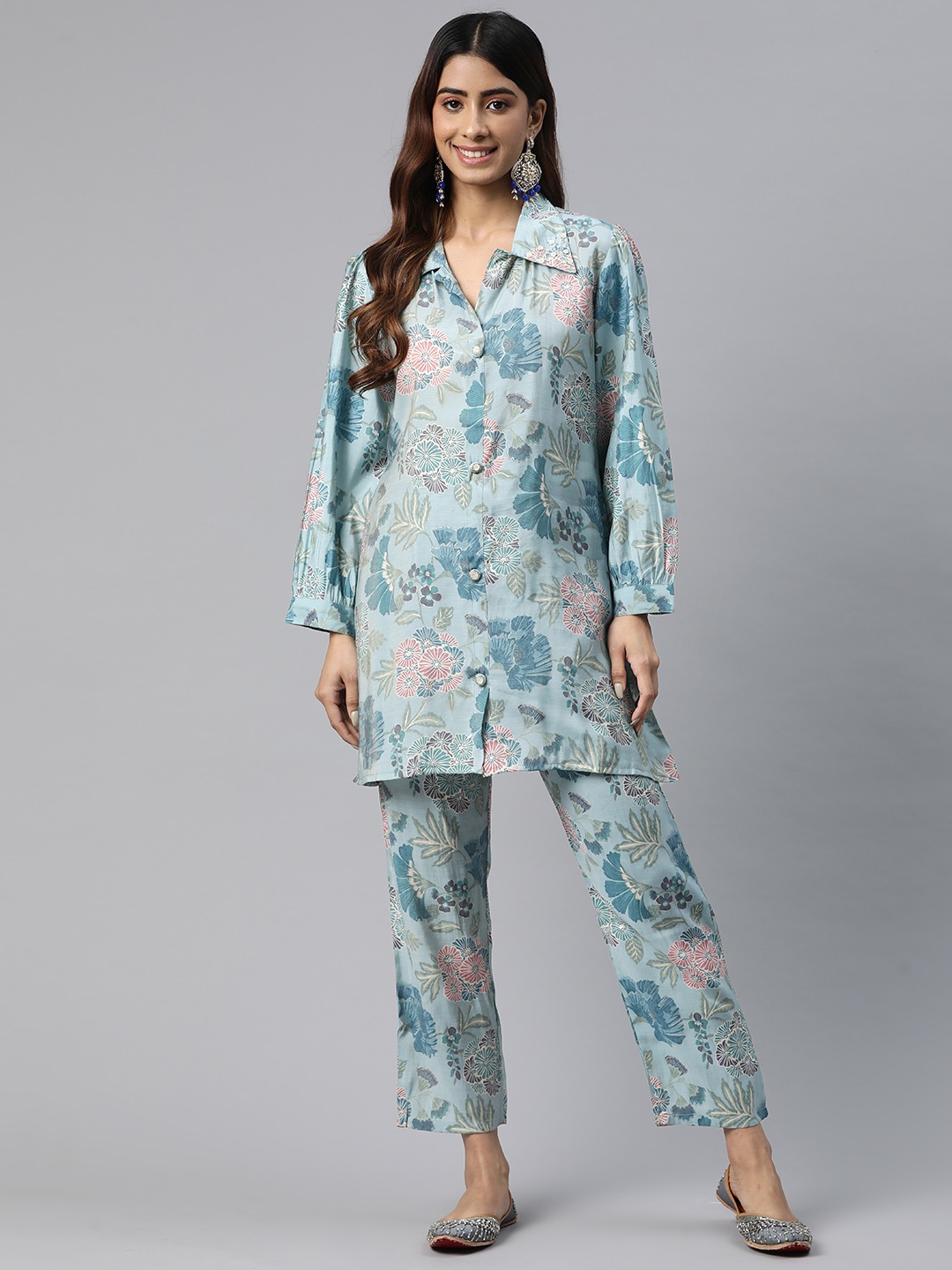 

Readiprint Fashions Floral Print Beads & Stones Pure Silk Tunic with Trousers, Grey