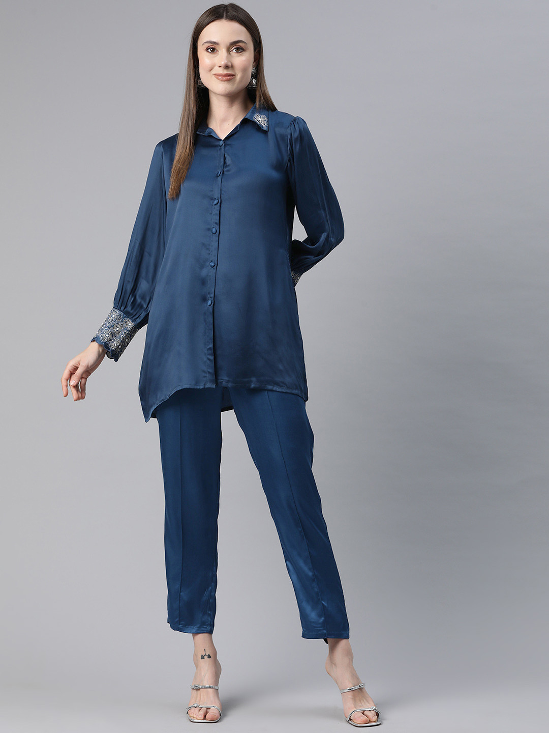 

Readiprint Fashions Beads & Stones Pure Silk Tunic with Trousers, Navy blue