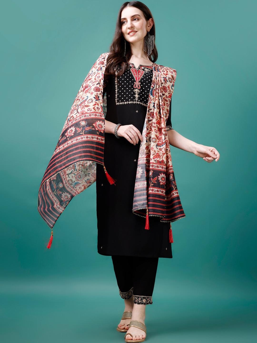 

KALINI Motifs Embroidered Beads & Stones Detail Kurta with Trousers & Dupatta, Black