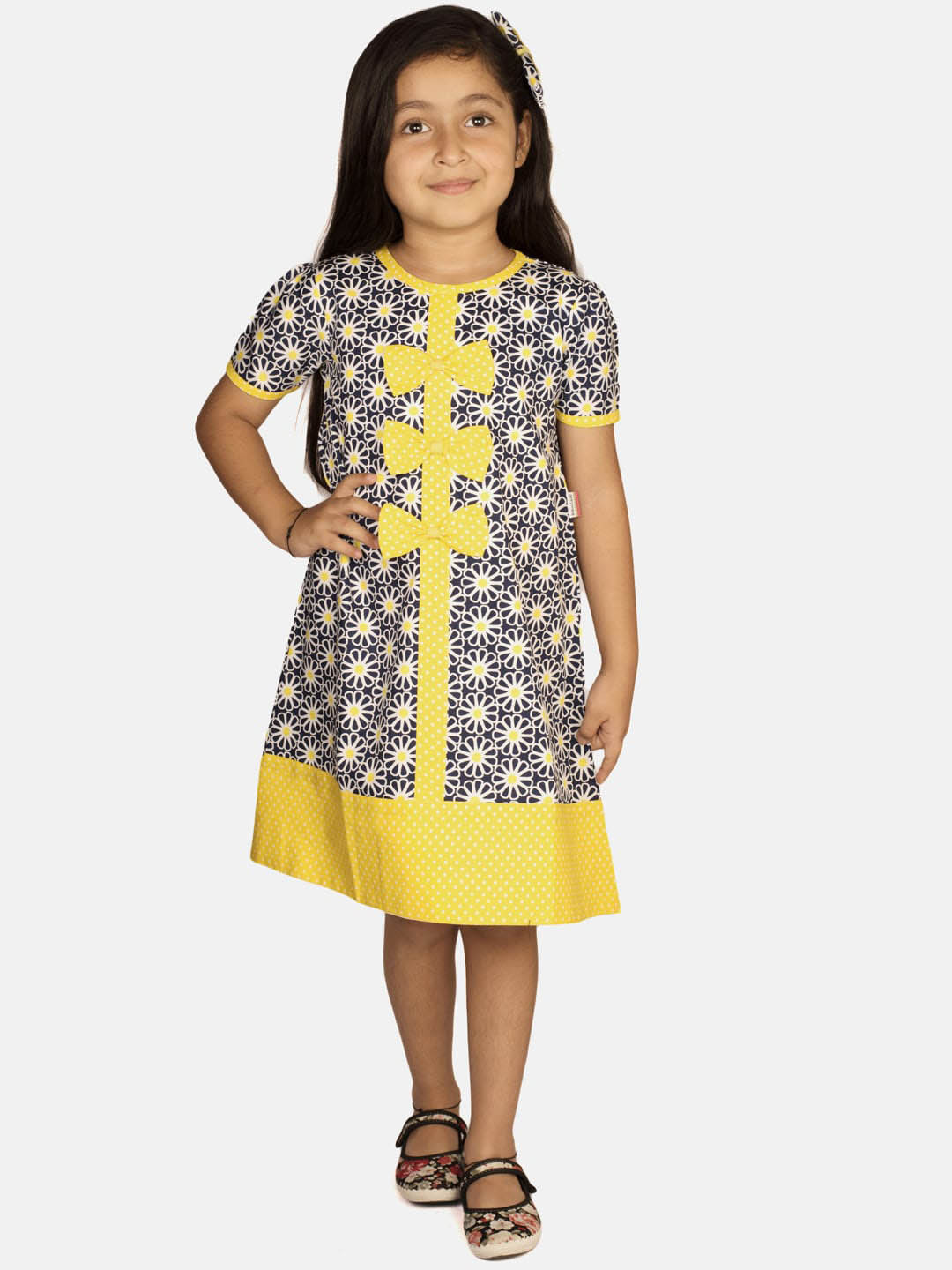 

RIBBON CANDY Kid Girls Printed Cotton Flared A-Line Dress with Single Alligator Hair clip, Yellow