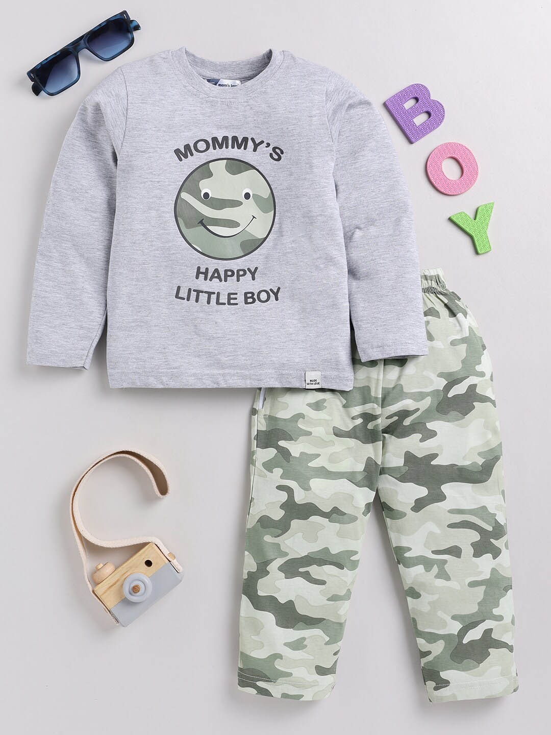 

Moms Love Boys Camouflage Printed Pure Cotton Night suits, Grey melange