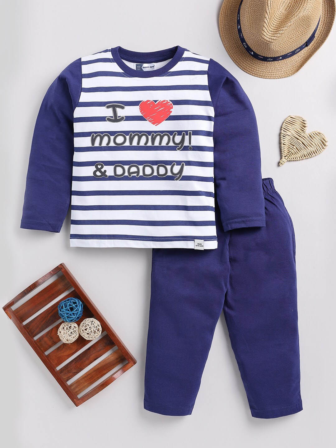 

Moms Love Girls Striped Pure Cotton Night suits, Navy blue