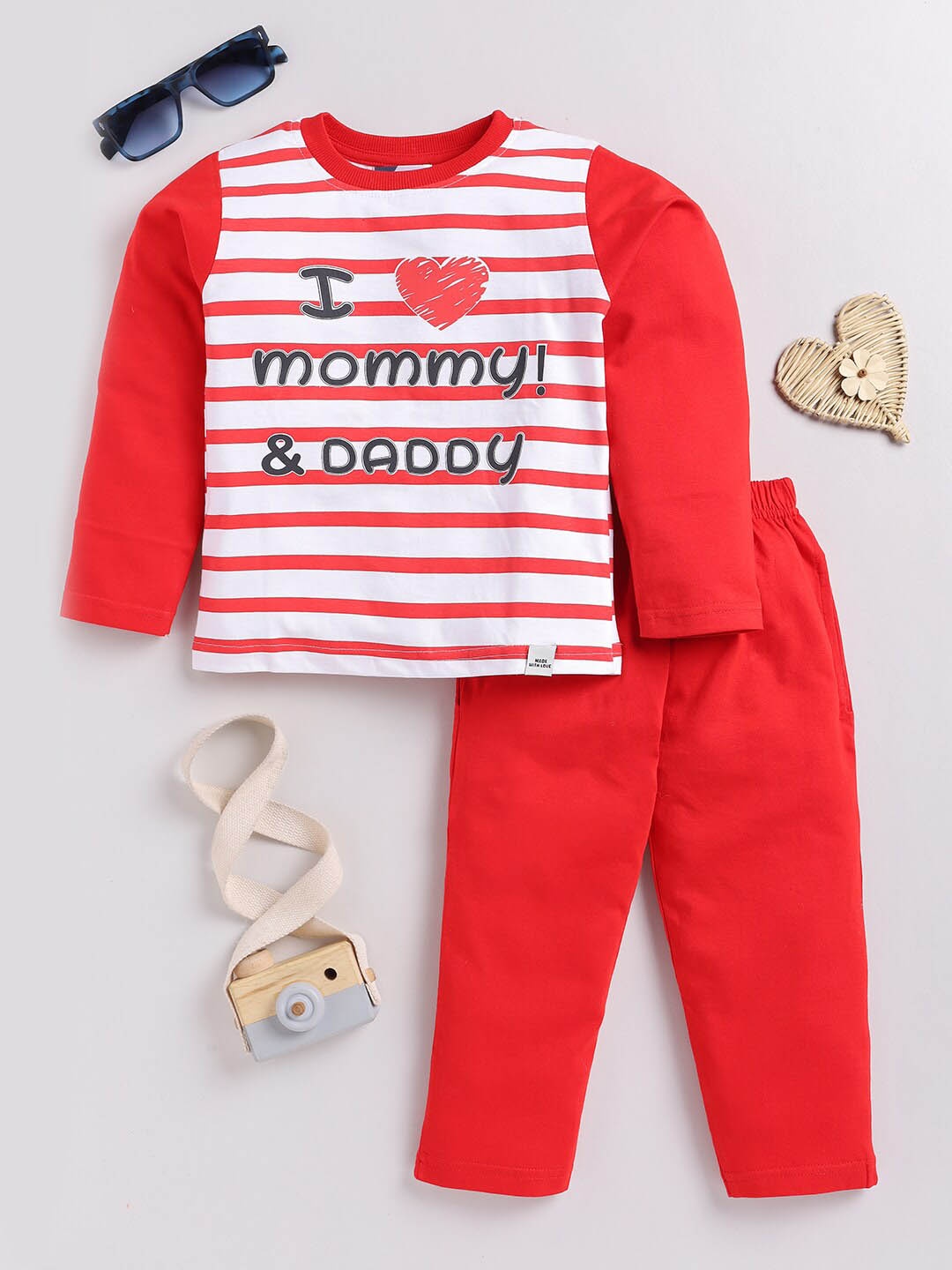 

Moms Love Girls Striped Pure Cotton Night suits, Red