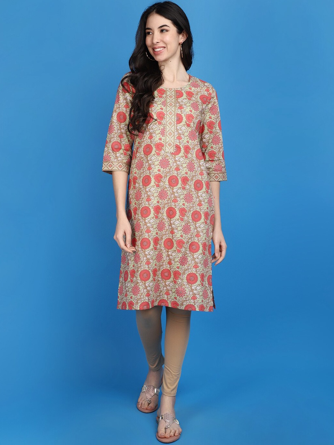

V-Mart Floral Printed Cotton Straight Kurta, Green