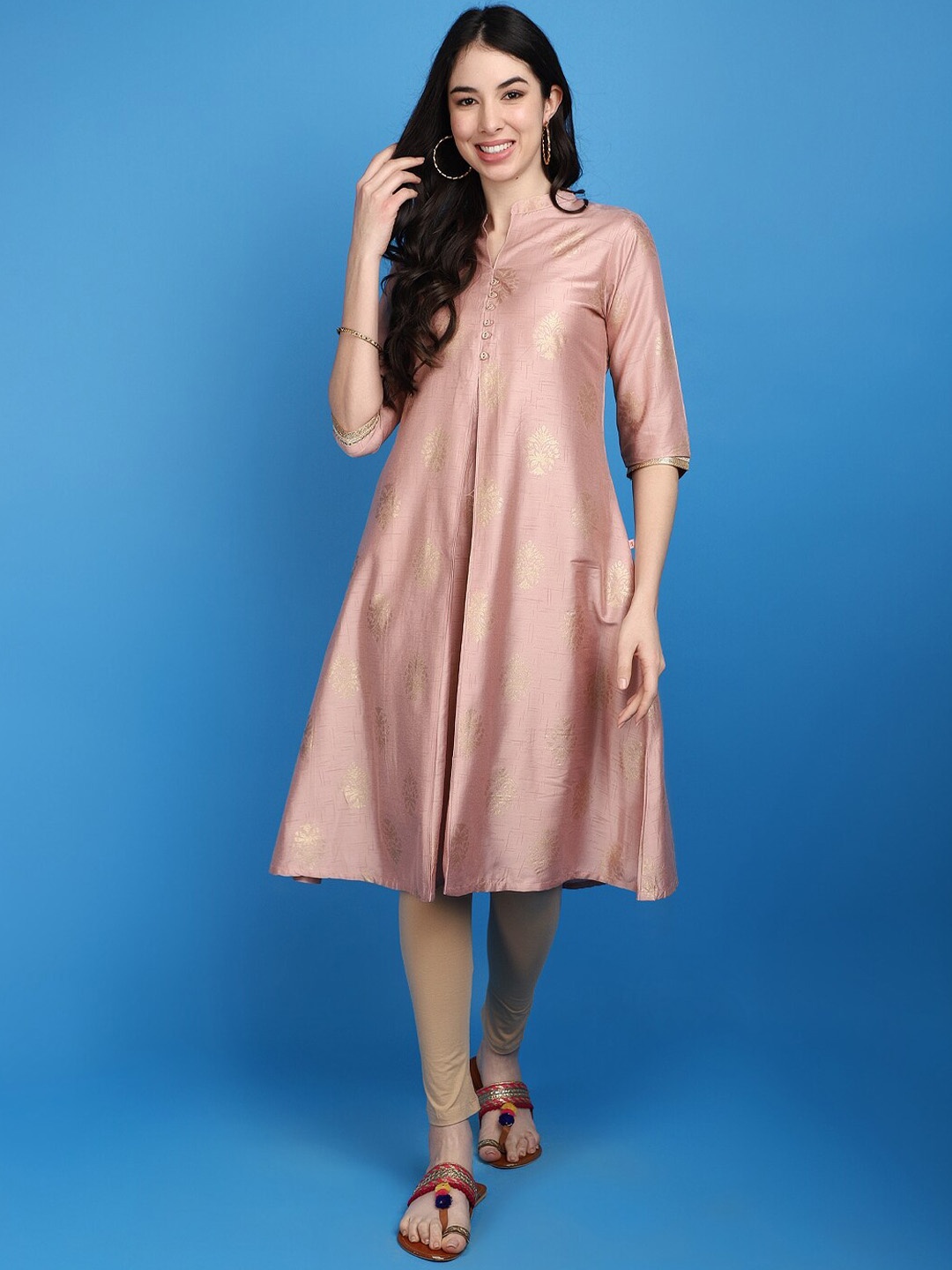 

V-Mart Ethnic Motifs Woven Design Mandarin Collar Zari A-Line Kurta, Pink