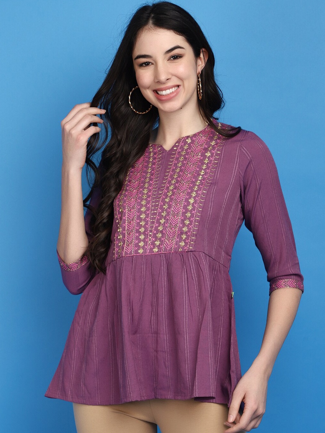 

V-Mart Striped Keyhole Neck Curved Thread Work Anarkali Kurta, Purple