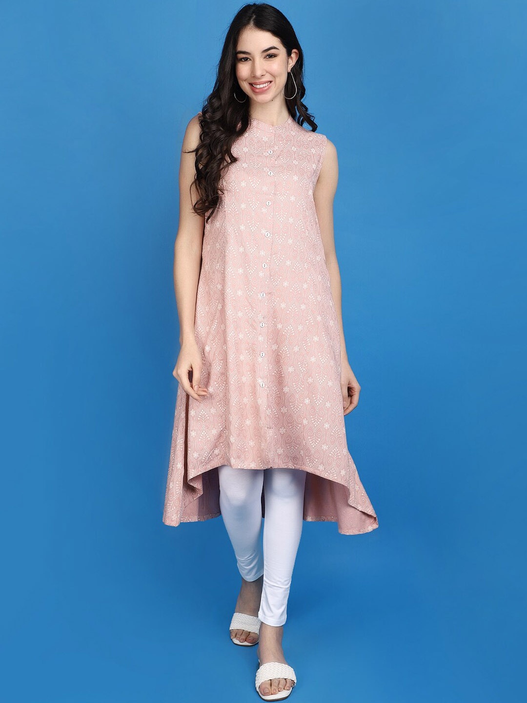 

V-Mart Ethnic Motifs Embroidered Cotton Curved V-Neck A-Line Kurta, Pink
