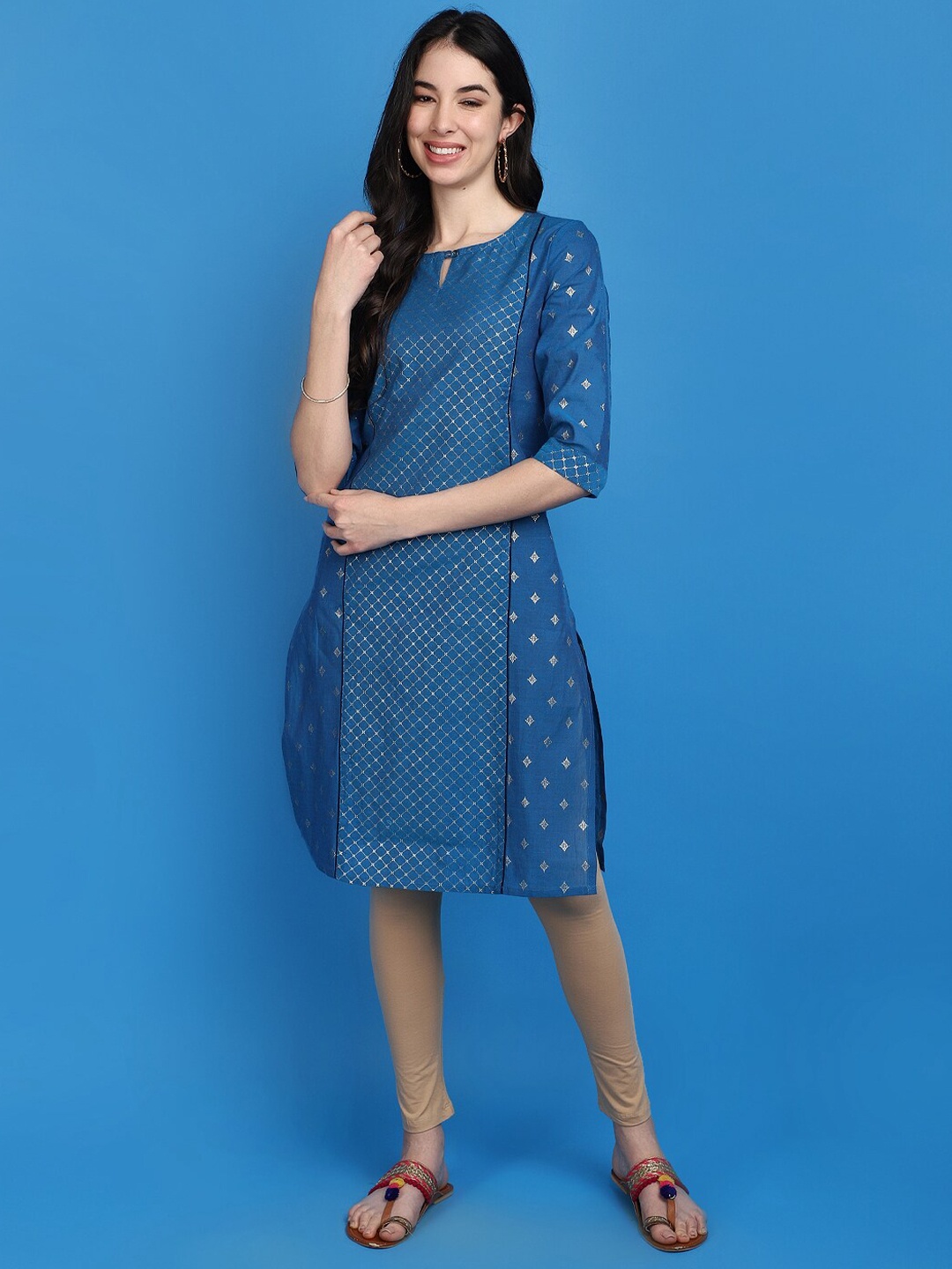 

V-Mart Ethnic Motifs Printed Keyhole Neck Kurta, Blue