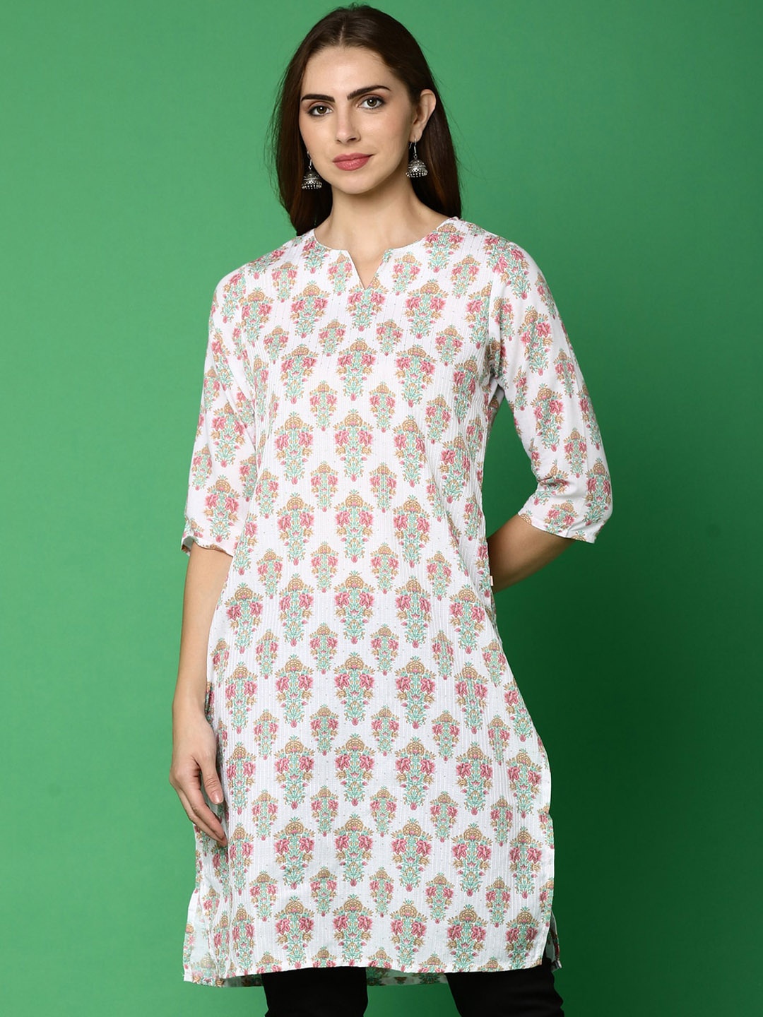 

V-Mart Ethnic Motifs Printed Sequined Straight Kurta, White