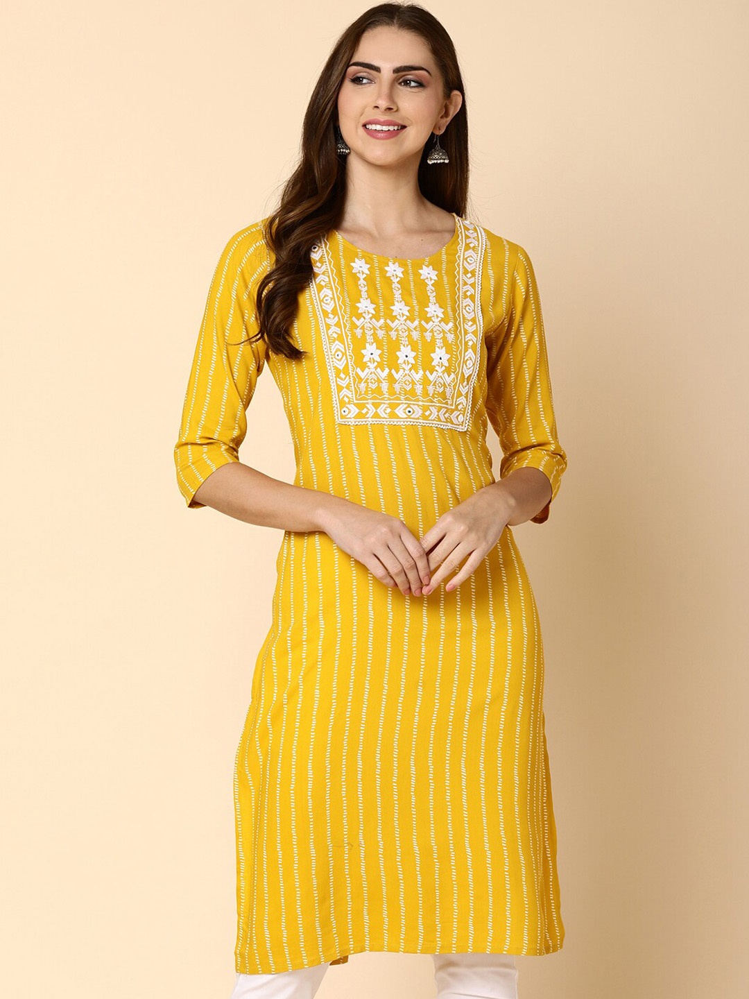 

V-Mart Ethnic Motifs Striped Thread Work Kurta, Gold