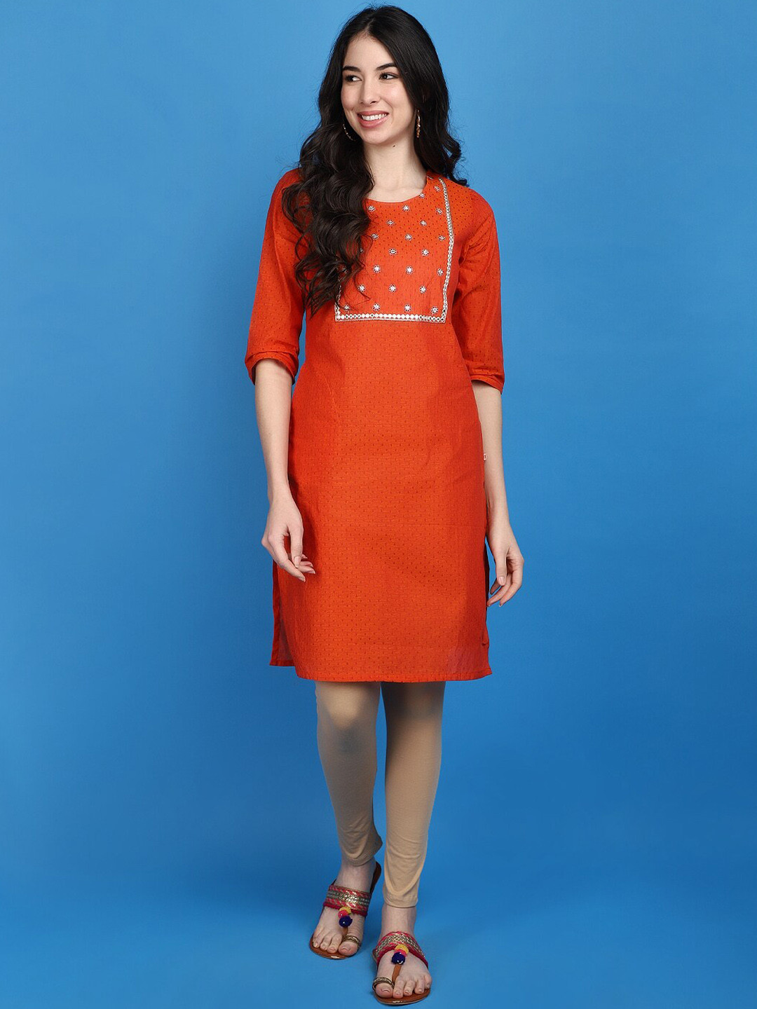 

V-Mart Floral Yoke Design Round Neck Thread Work Straight Kurta, Orange