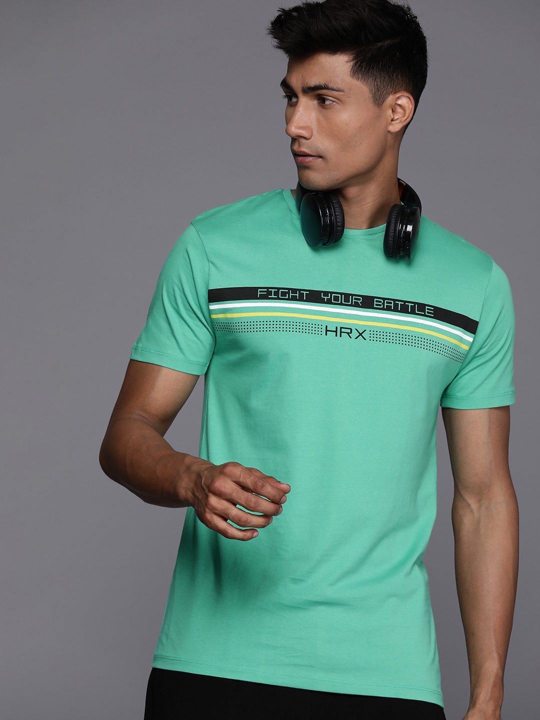 

HRX by Hrithik Roshan Men Striped Pure Cotton Sports T-shirt, Green