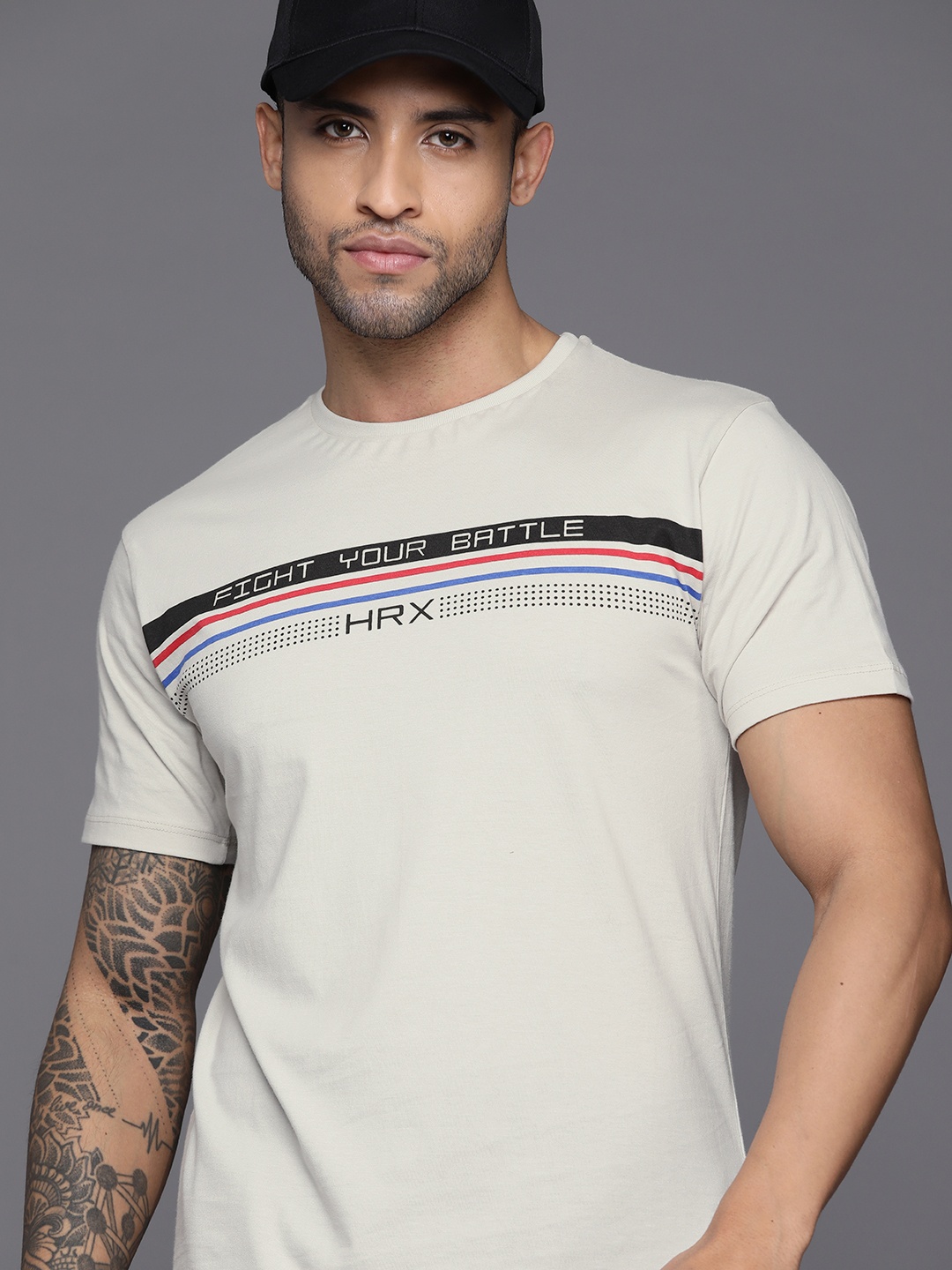 

HRX by Hrithik Roshan Men Striped Pure Cotton T-shirt, Grey