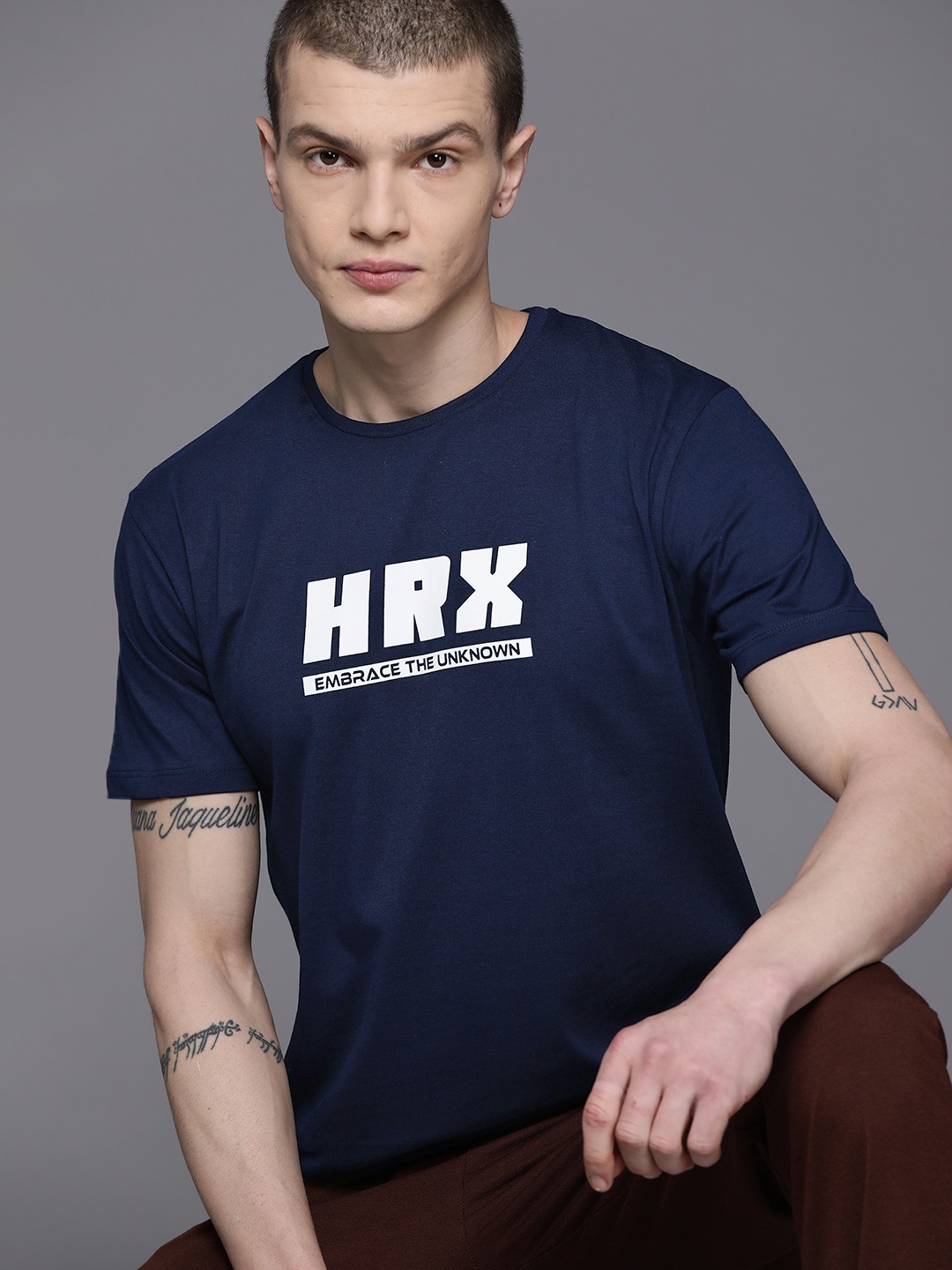 

HRX by Hrithik Roshan Men Brand Logo Printed Pure Cotton T-shirt, Navy blue