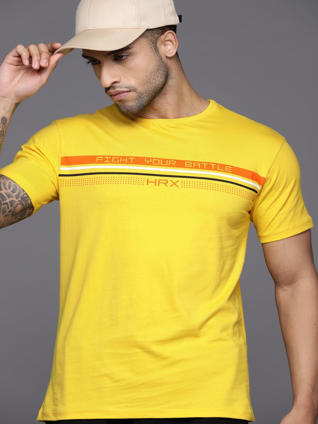 

HRX by Hrithik Roshan Men Striped Pure Cotton T-shirt, Yellow