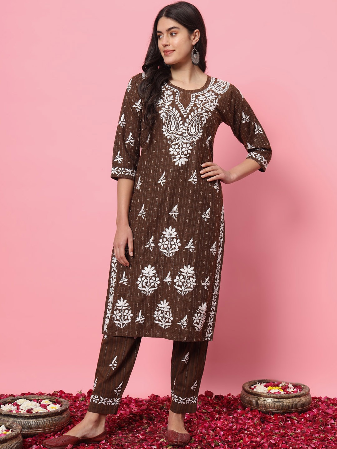 

Ethnava Ethnic Motifs Round Neck Three-Quarter Sleeves Chikankari Kurta with Trousers, Brown