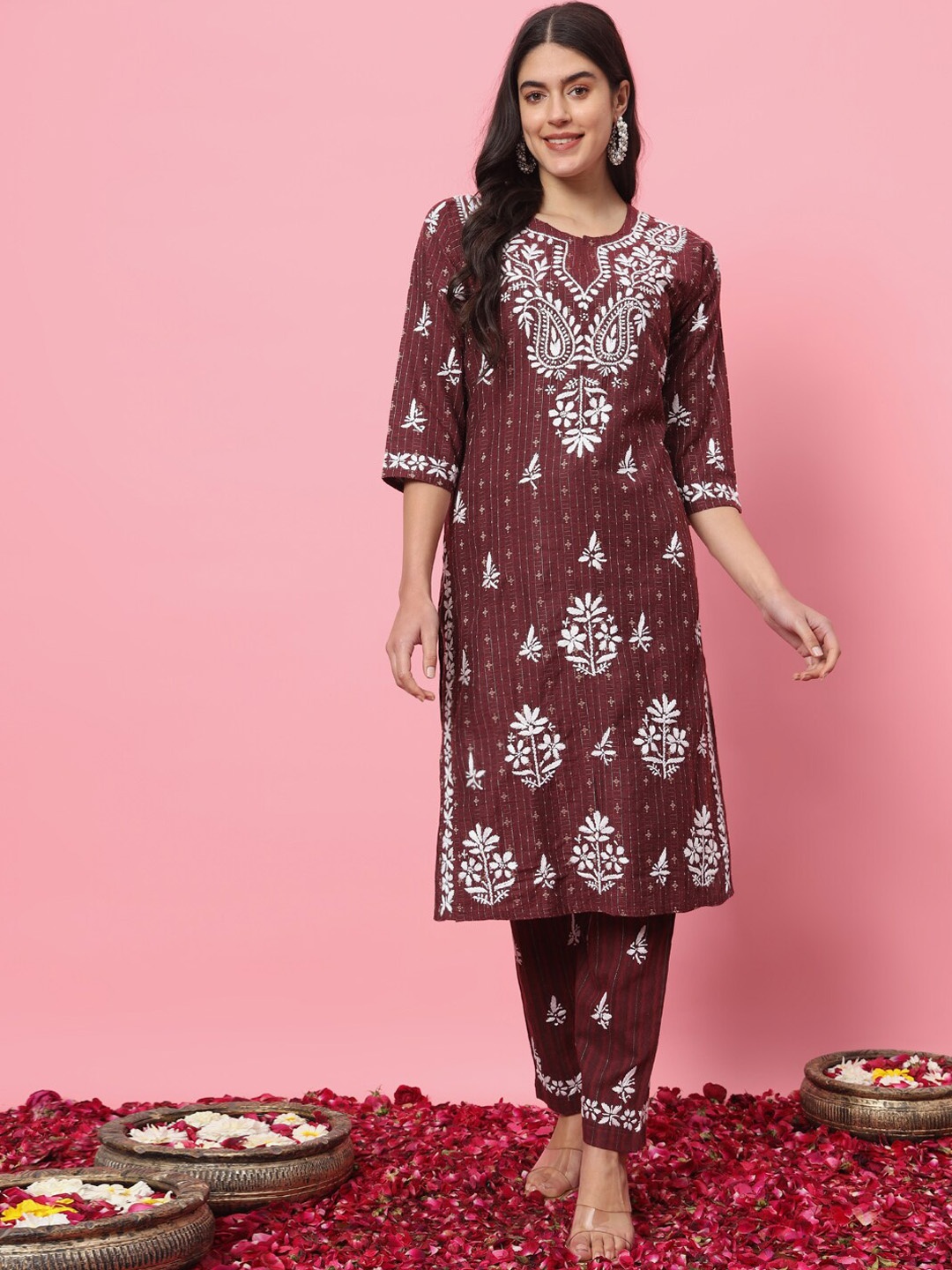 

Ethnava Ethnic Motifs Round Neck Three-Quarter Sleeves Chikankari Kurta with Trousers, Maroon