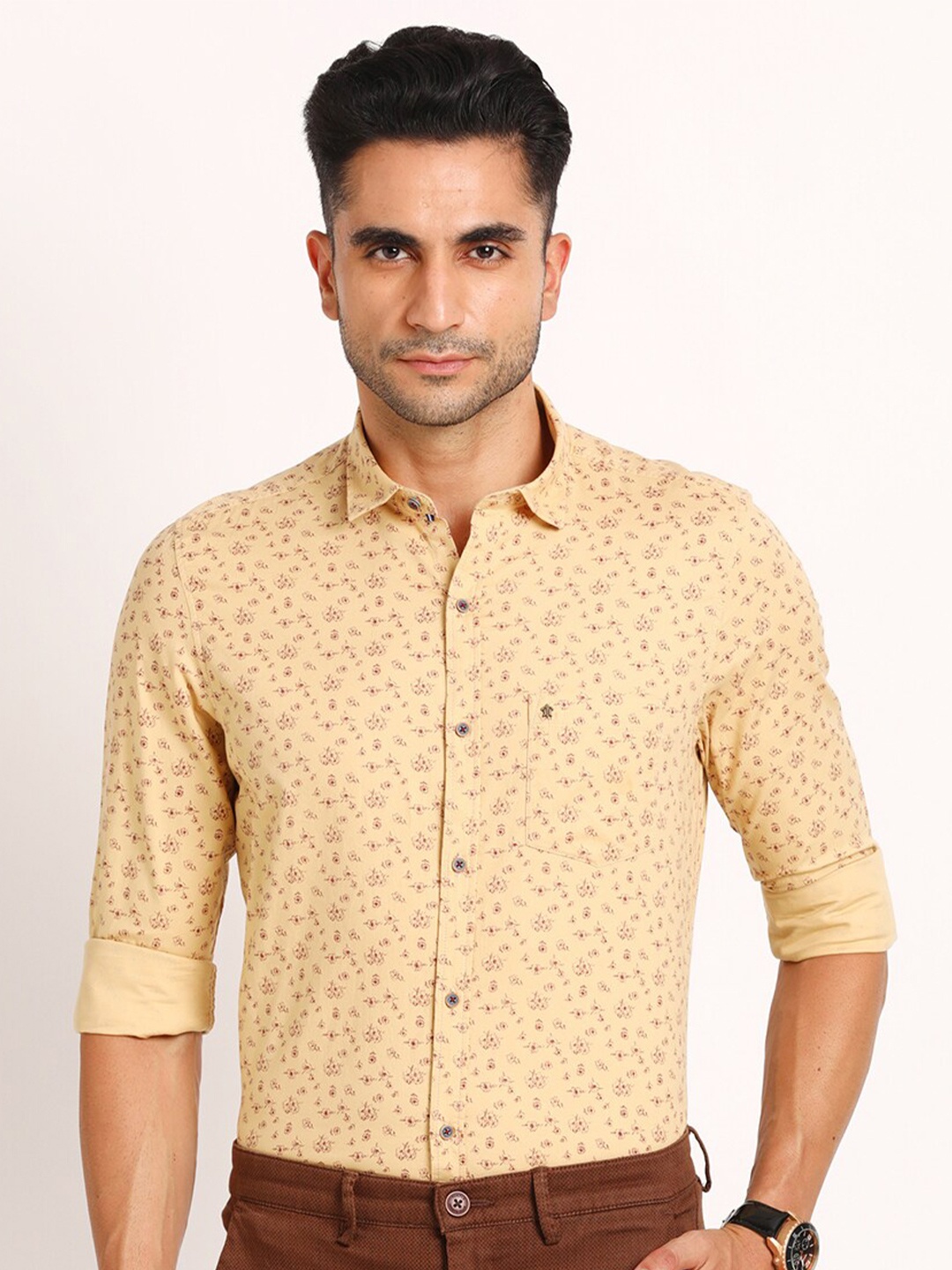 

Turtle Classic Slim Fit Micro Ditsy Printed Pure Cotton Formal Shirt, Yellow