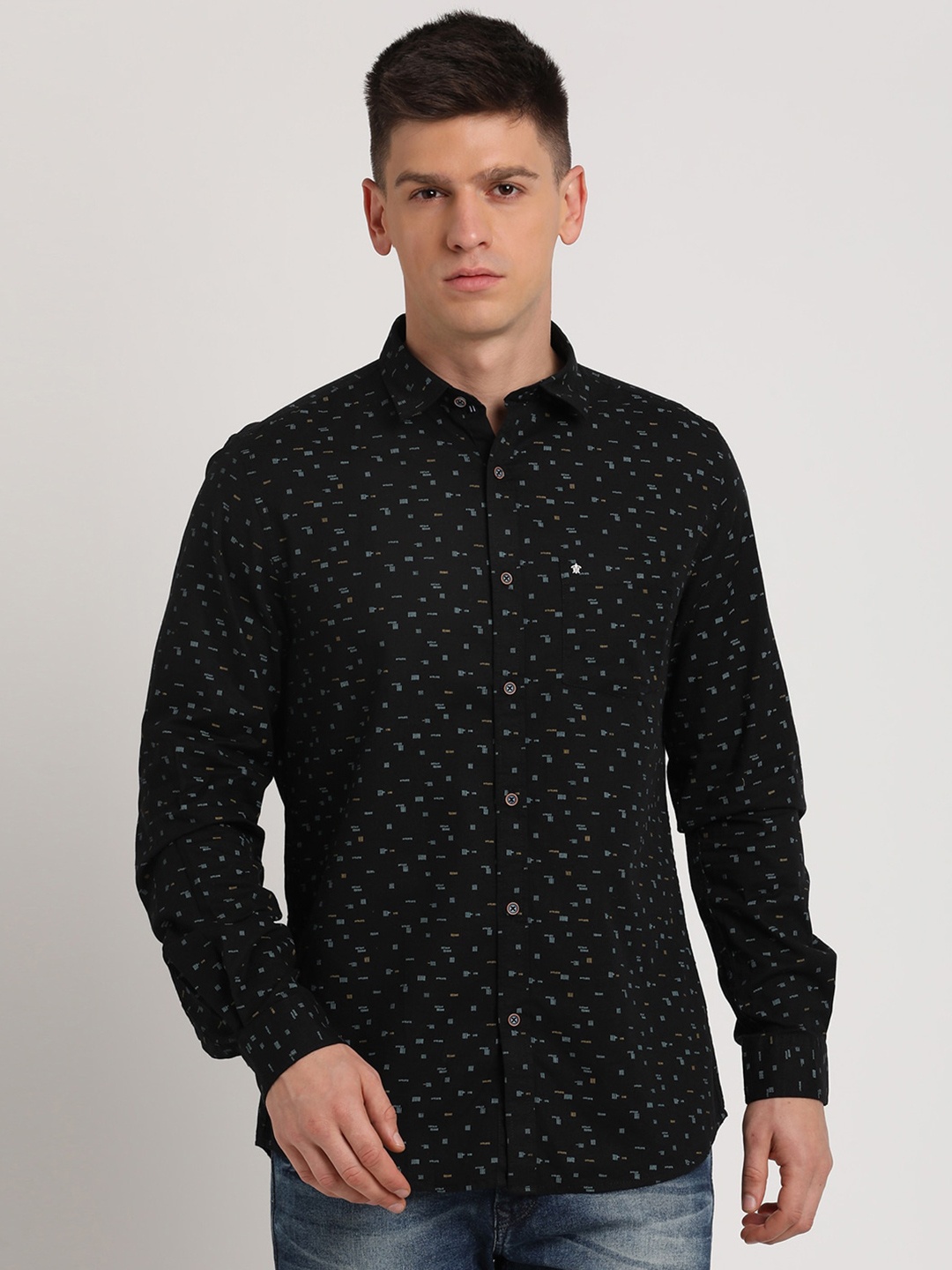 

Turtle Classic Slim Fit Micro Ditsy Printed Pure Cotton Casual Shirt, Black