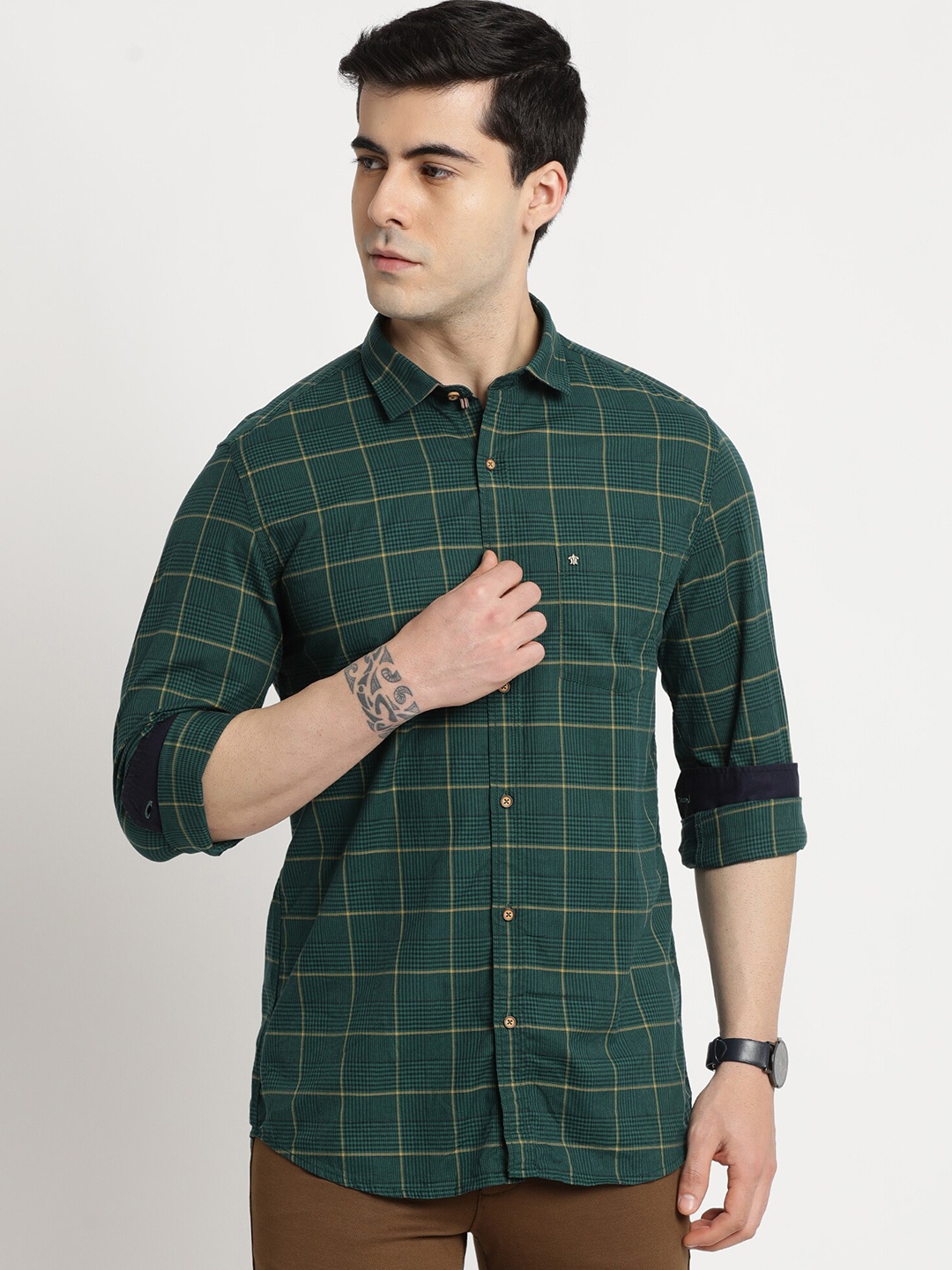 

Turtle Windowpane Checked Classic Slim Fit Cotton Casual Shirt, Green