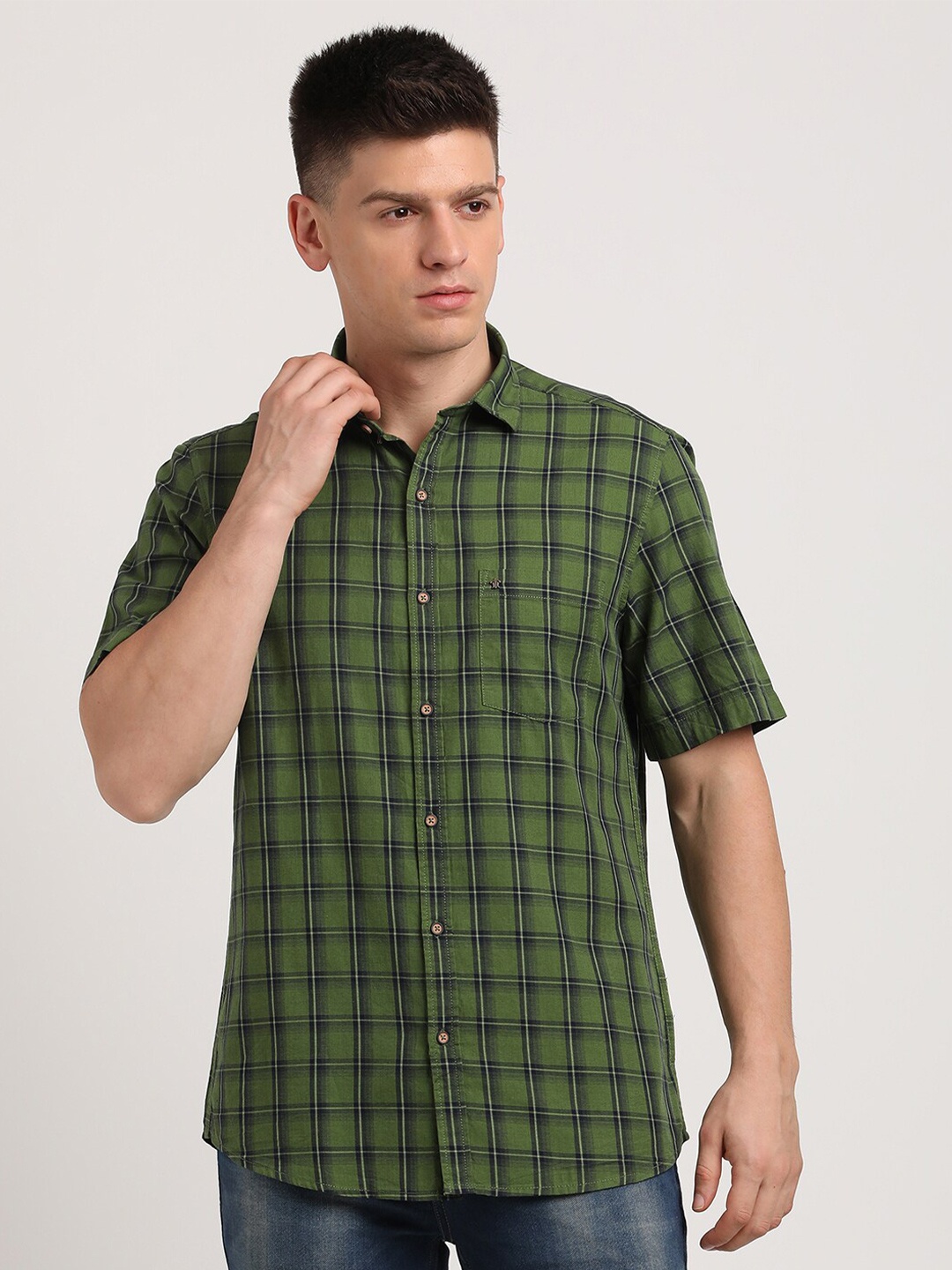 

Turtle Classic Slim Fit Cotton Tartan Checks Opaque Checked Casual Shirt, Green