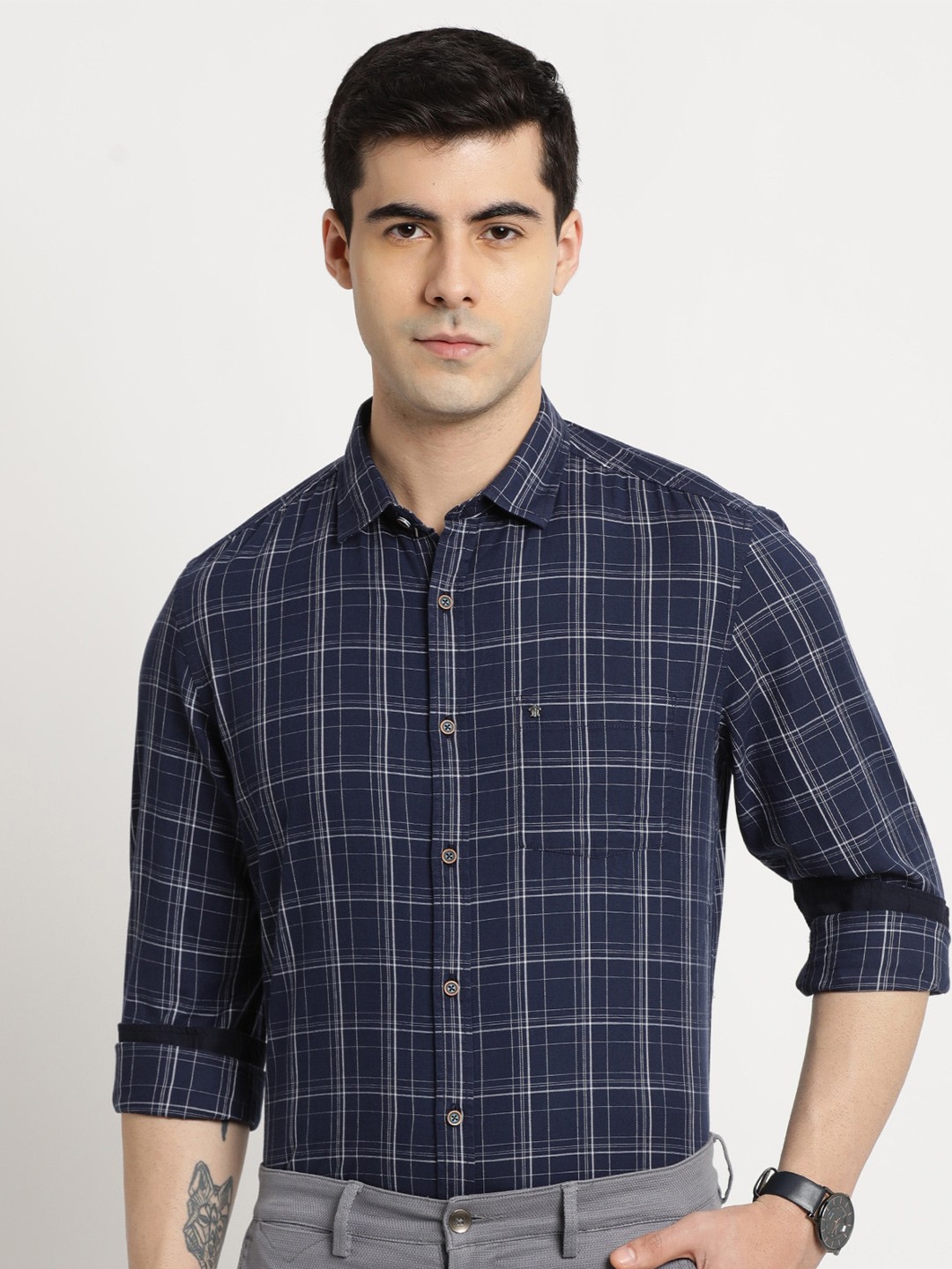 

Turtle Slim Fit Tartan Checks Checked Spread Collar Cotton Casual Shirt, Navy blue