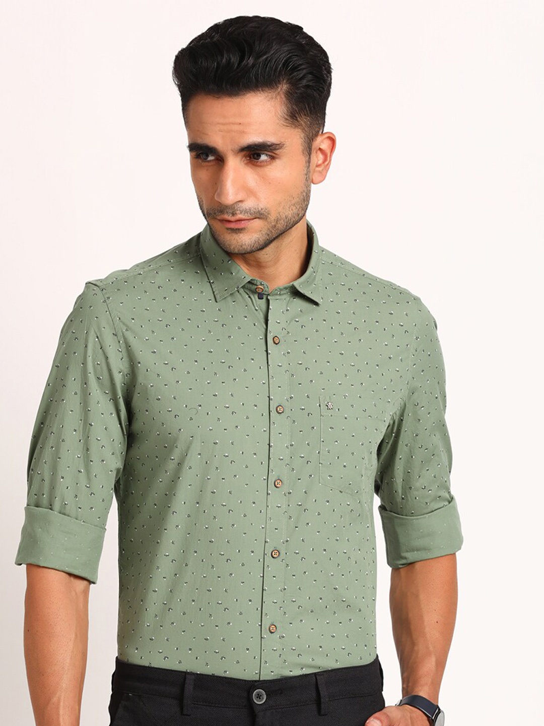 

Turtle Classic Slim Fit Micro Ditsy Printed Pure Cotton Formal Shirt, Olive